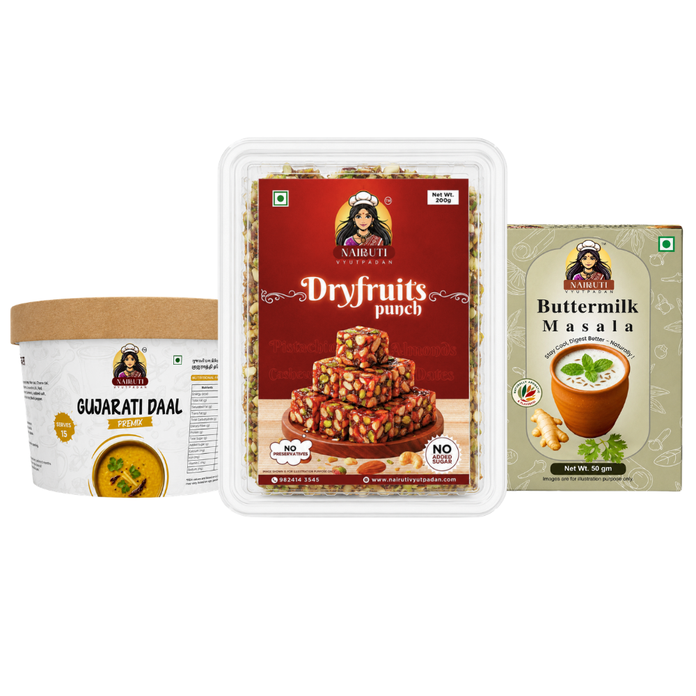 Gujarati Family Combo | Gujarati Daal Premix 150g, Dry Fruits Punch 200g & Buttermilk Masala 50g