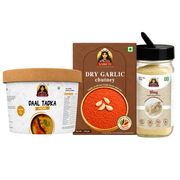 Tadka Combo | 10+ Servings | Daal Tadka Premix, Dry Garlic Chutney & Hing Sprinkler | 150g+100g+80g
