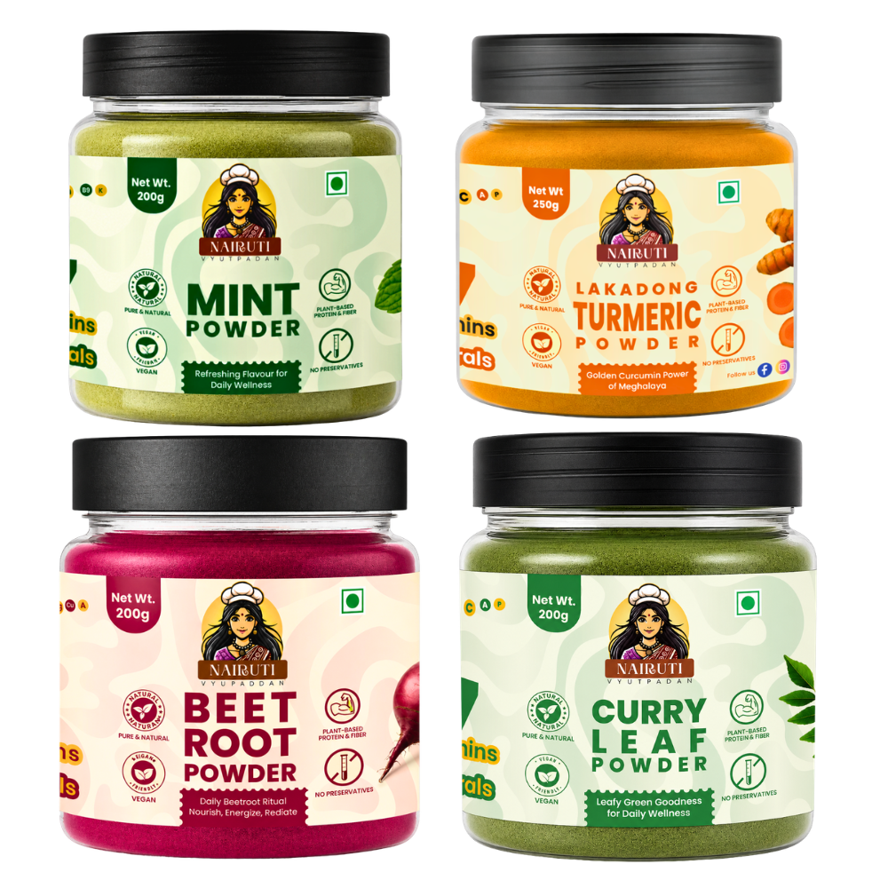 Complete Wellness Combo | Lakadong Turmeric, Beetroot, Curry Leaf & Mint Powders | 250g+200g+200g+200g