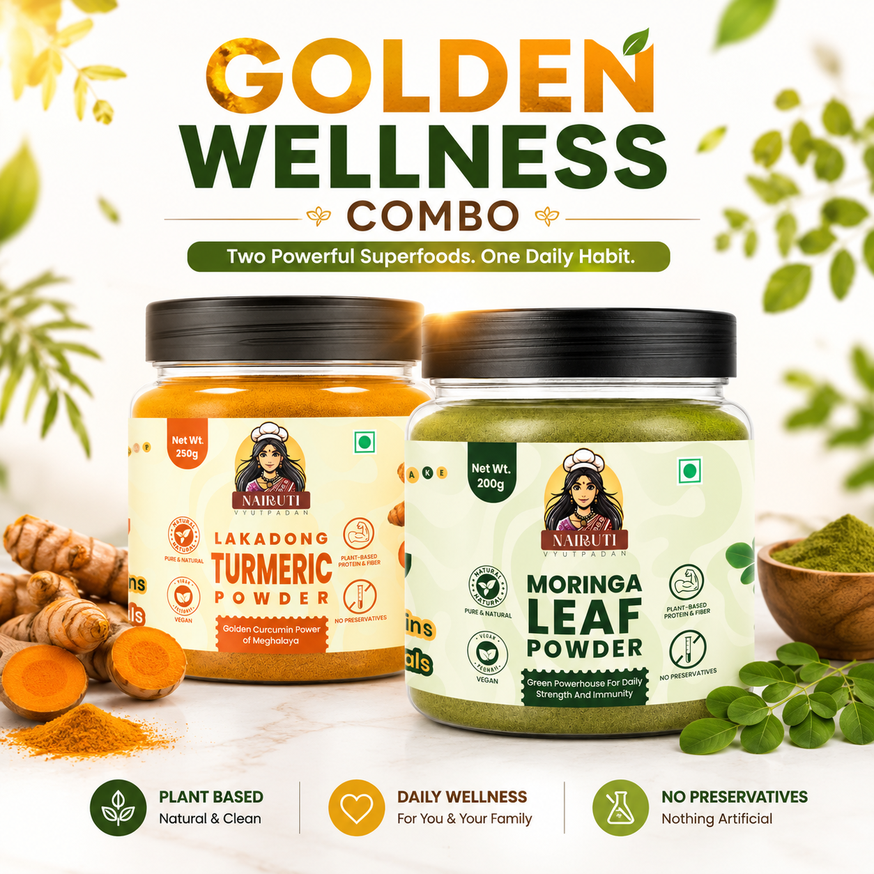 Golden Wellness Combo | Lakadong Turmeric Powder 250g & Curry Leaf Powder 200g