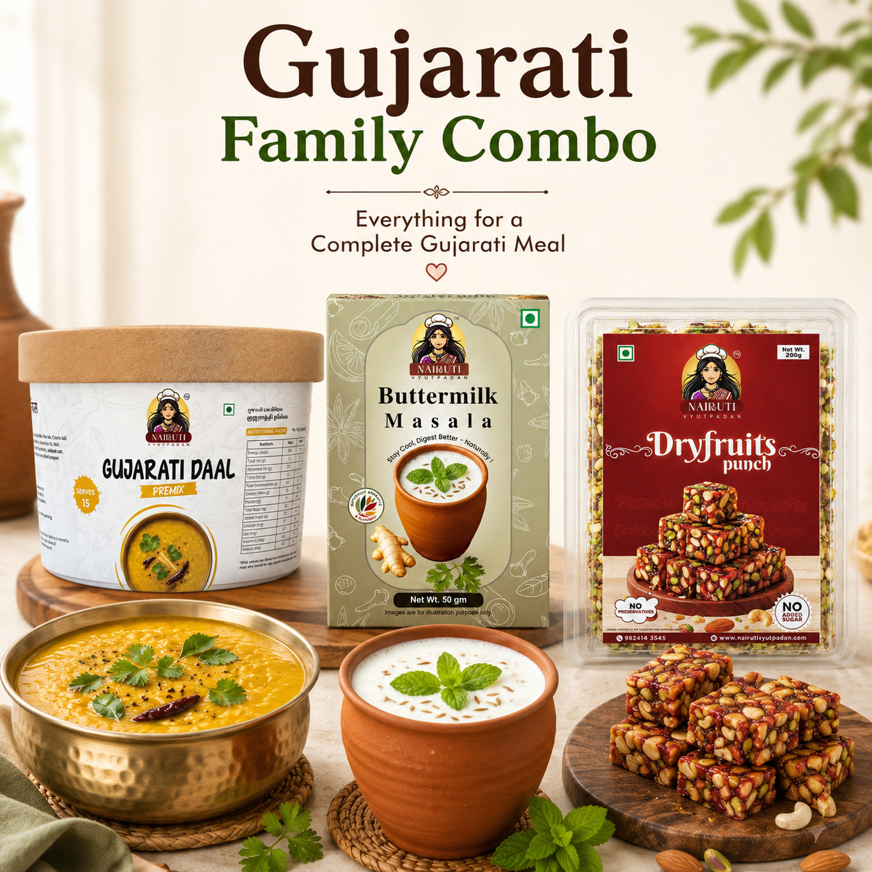 Gujarati Family Combo | Gujarati Daal Premix 150g, Dry Fruits Punch 200g & Buttermilk Masala 50g