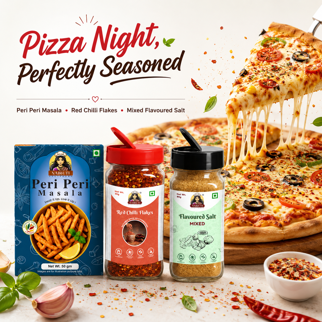 Pizza Night Combo | Mixed Flavour Salt, Peri Peri Masala & Red Chilli Flakes Sprinkle | 80g+50g+30g