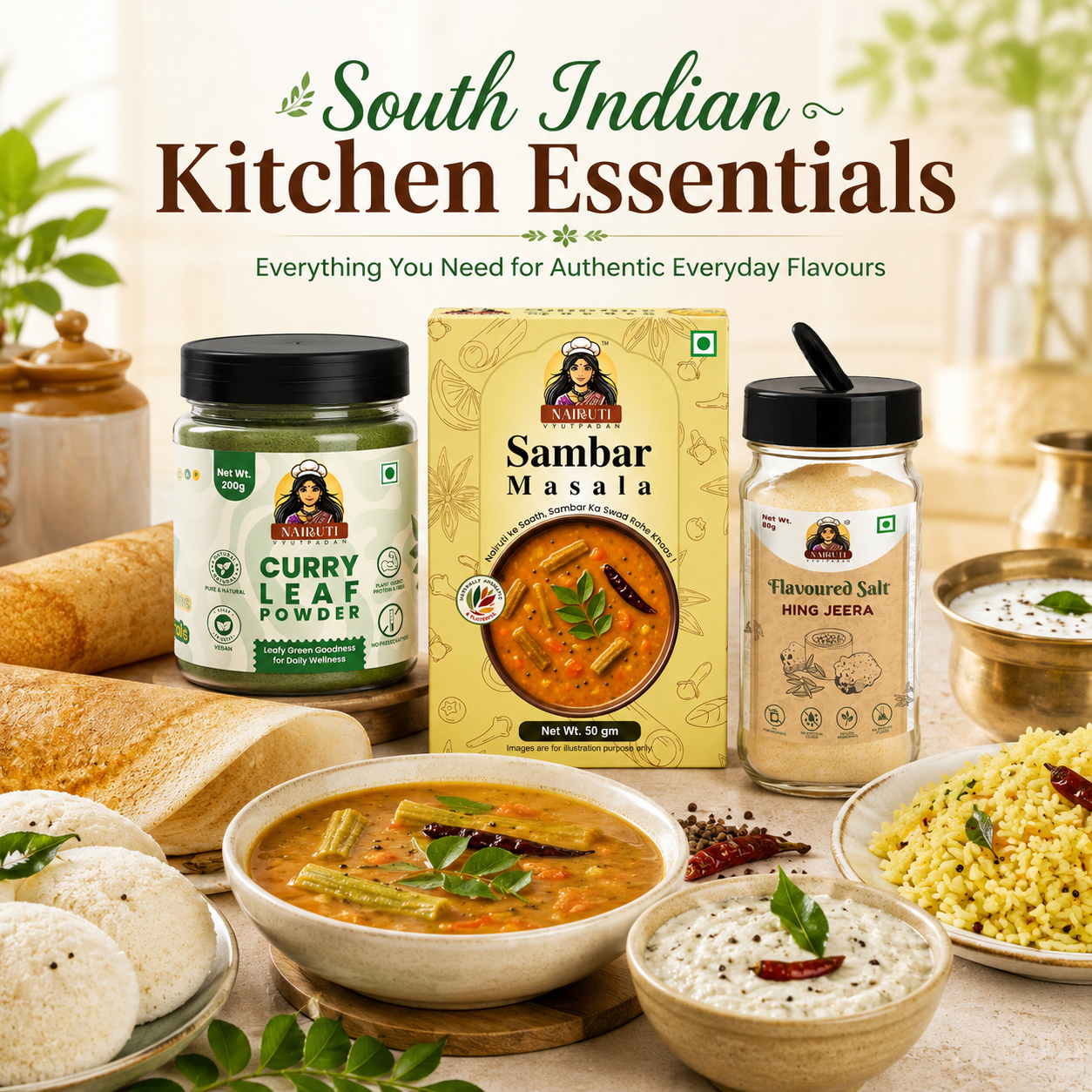 South Indian Combo | Sambar Masala, Curry Leaf Powder & Hing Jeera Salt Sprinkle | 50g+200g+80g