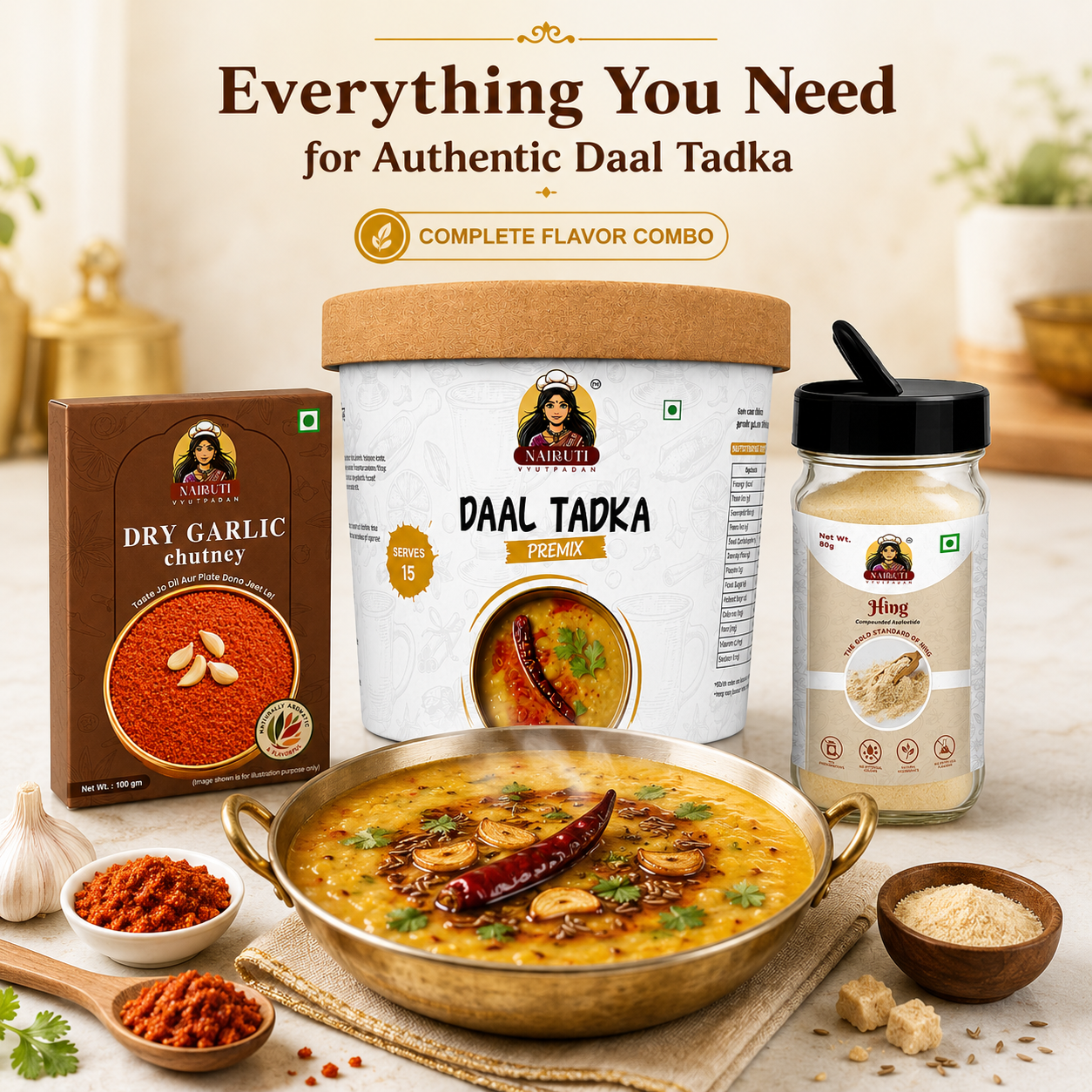 Tadka Combo | 10+ Servings | Daal Tadka Premix, Dry Garlic Chutney & Hing Sprinkler | 150g+100g+80g