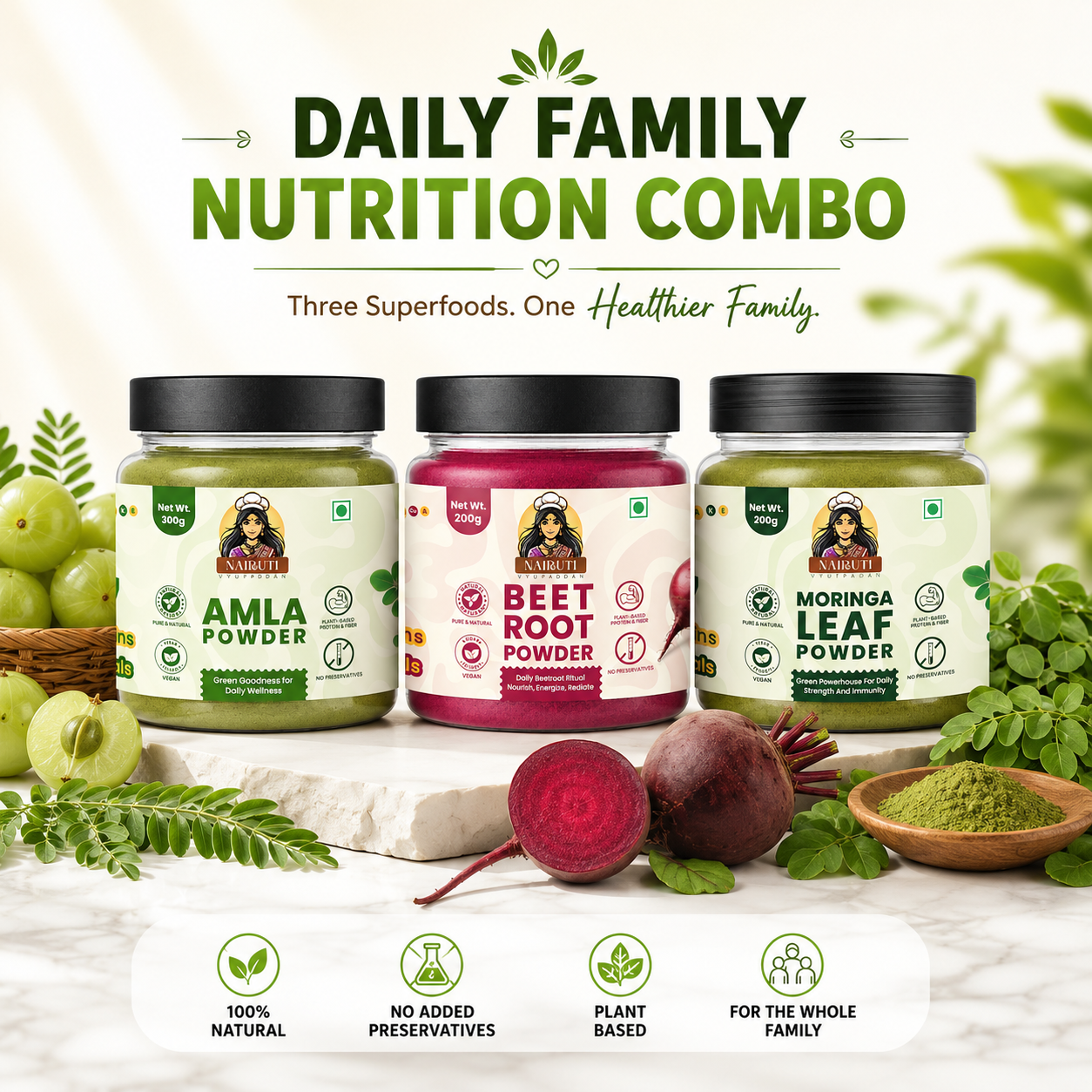 Family Nutrition Combo | Amla, Beetroot & Moringa Leaf Powder | Daily Wellness Superfood Pack | 300g+200g+200g