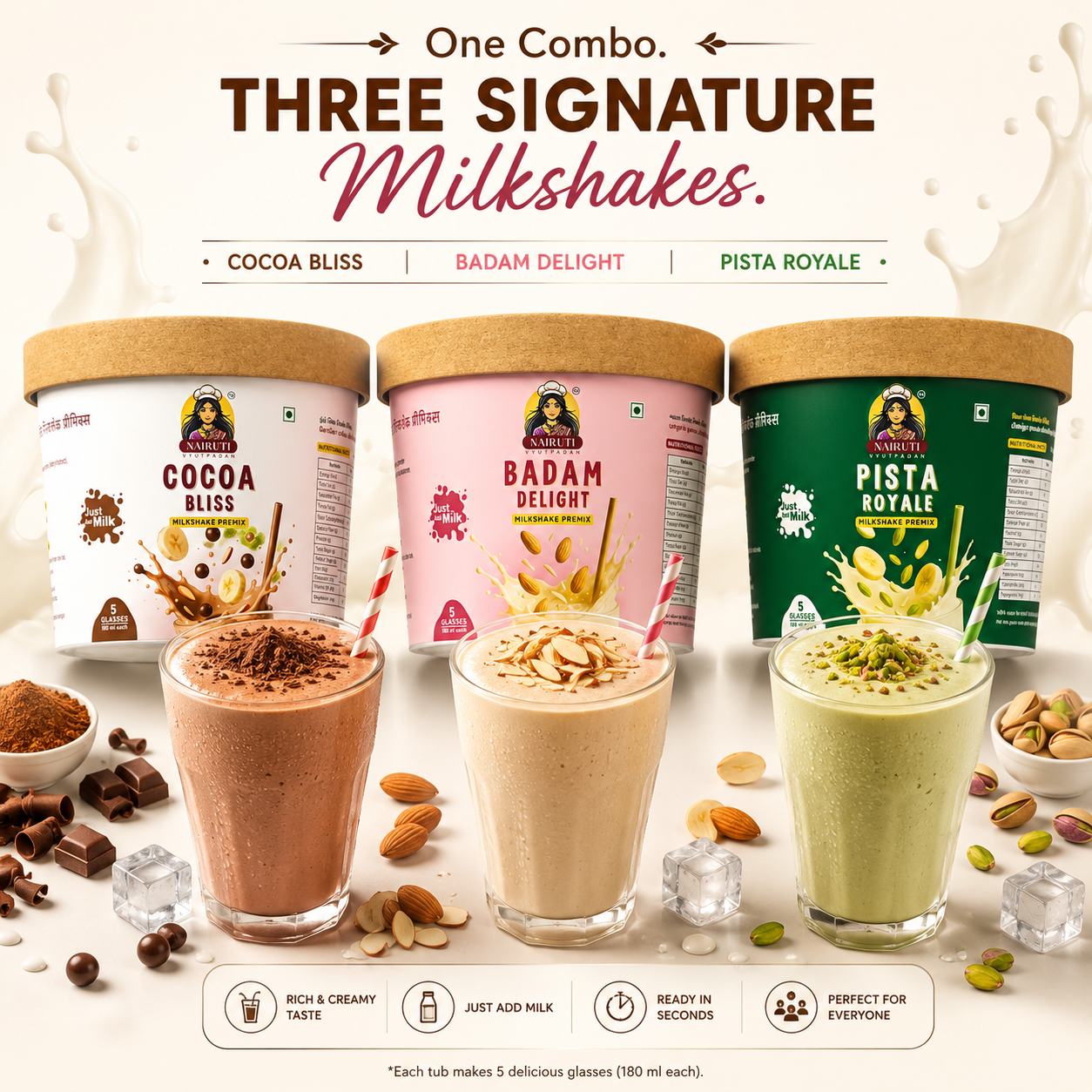 Signature Milkshake Combo | Makes 15 Glasses | Cocoa, Pista & Badam Instant Milkshake Premix