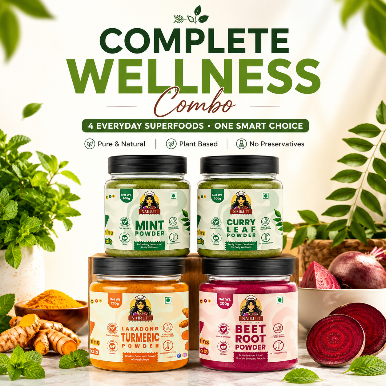 Complete Wellness Combo | Lakadong Turmeric, Beetroot, Curry Leaf & Mint Powders | 250g+200g+200g+200g
