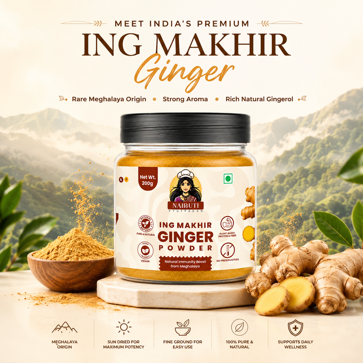 Ing Makhir Ginger Powder | Meghalaya Dry Ginger (Sonth) for Tea, Kadha & Cooking