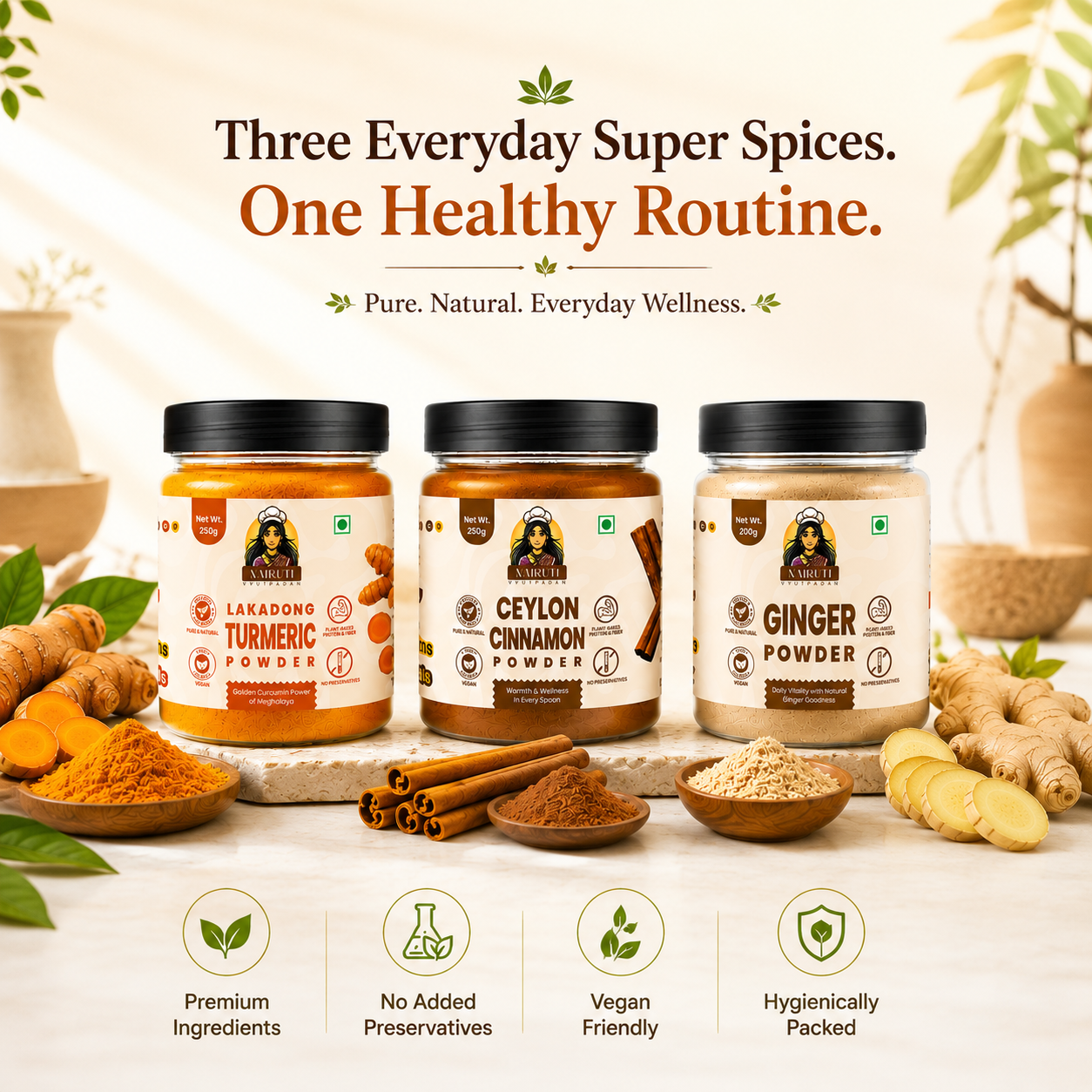 Healthy Spice Combo | Lakadong Turmeric, Cinnamon & Ginger Powder | 250g+250g+200g