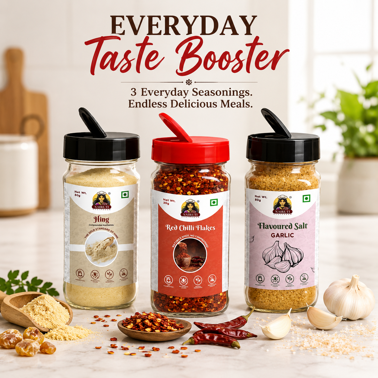 Everyday Taste Booster Combo | Hing 80g, Red Chilli Flakes 30g & Garlic Salt 80g