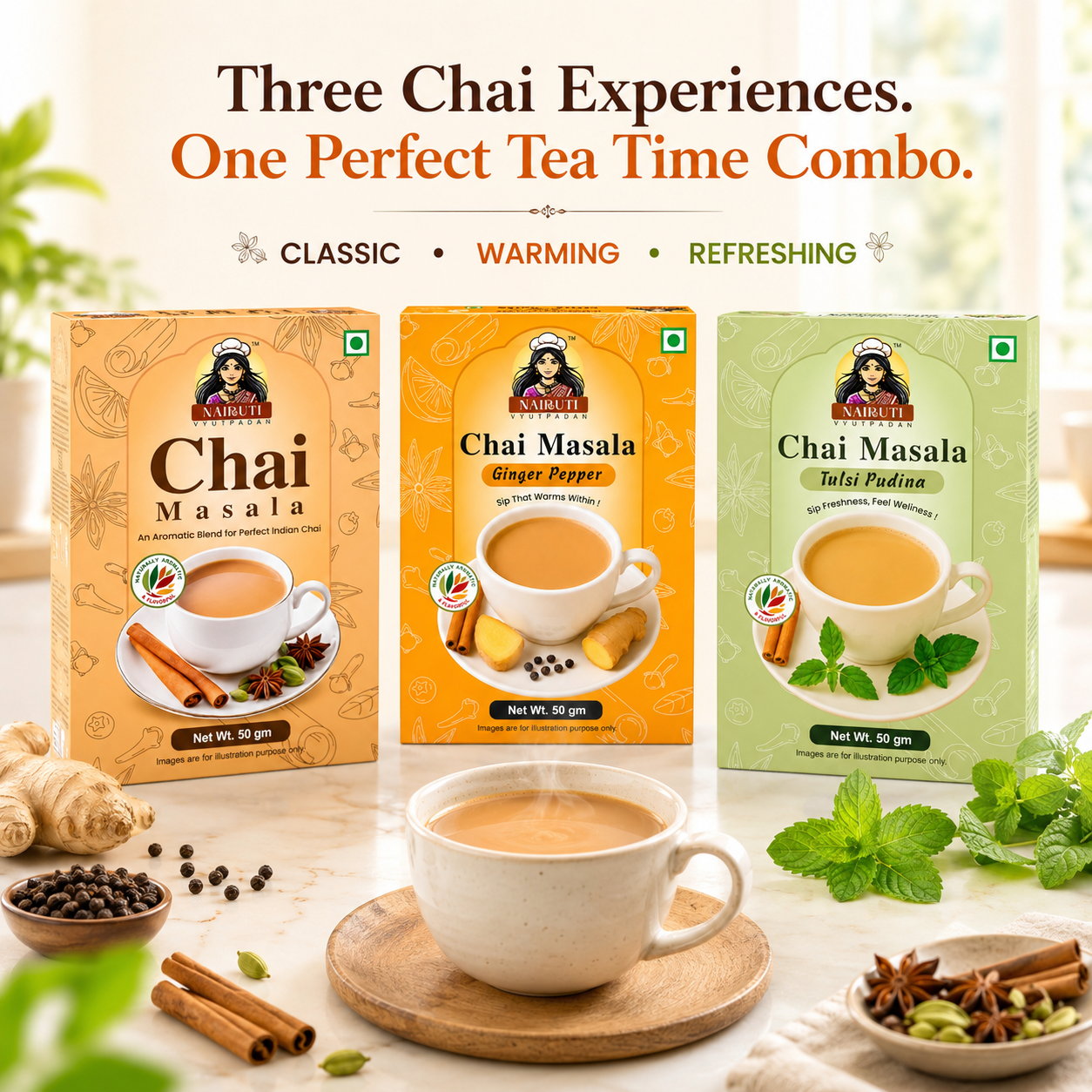 Tea Time Combo | Ginger Elaichi, Ginger Pepper & Tulsi Pudina Chai Masala | 50g each