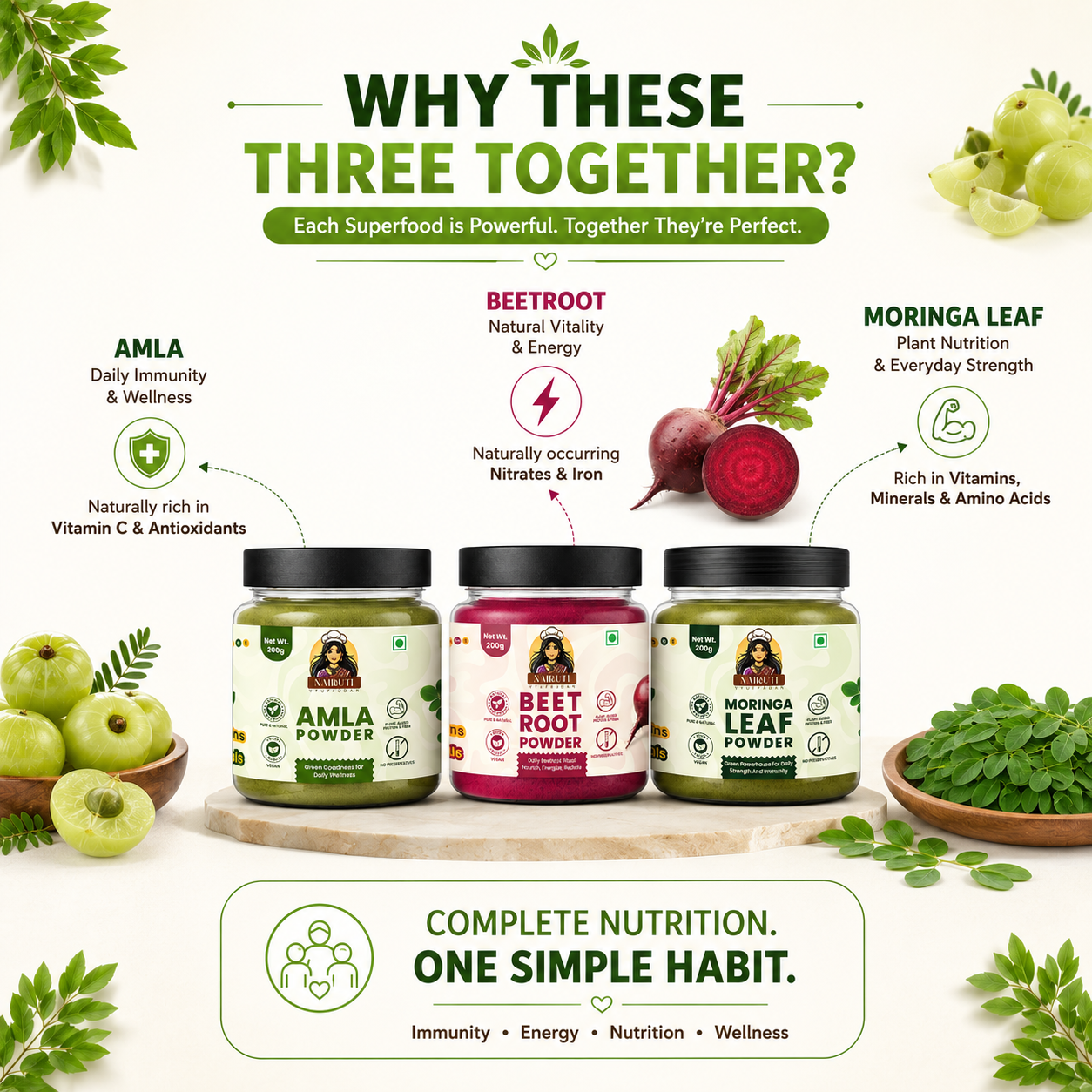 Family Nutrition Combo | Amla, Beetroot & Moringa Leaf Powder | Daily Wellness Superfood Pack | 300g+200g+200g