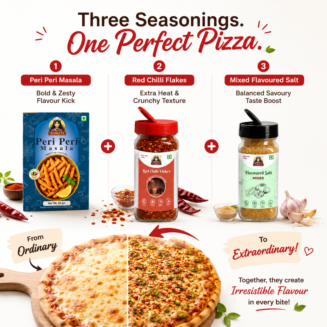 Pizza Night Combo | Mixed Flavour Salt, Peri Peri Masala & Red Chilli Flakes Sprinkle | 80g+50g+30g