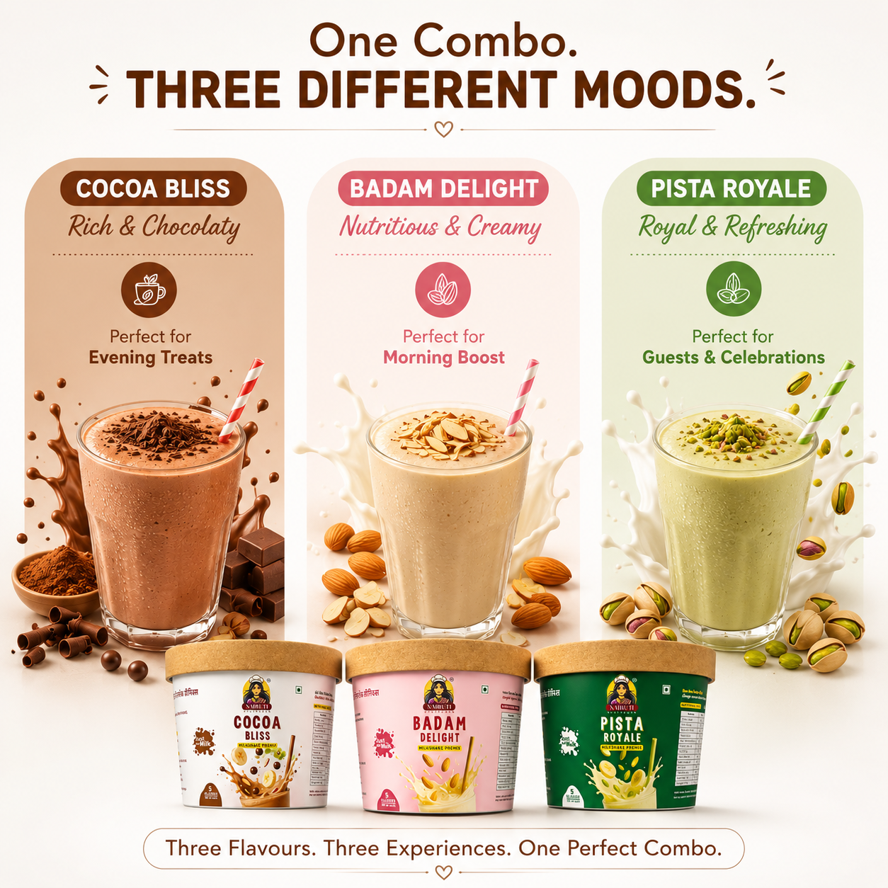 Signature Milkshake Combo | Makes 15 Glasses | Cocoa, Pista & Badam Instant Milkshake Premix