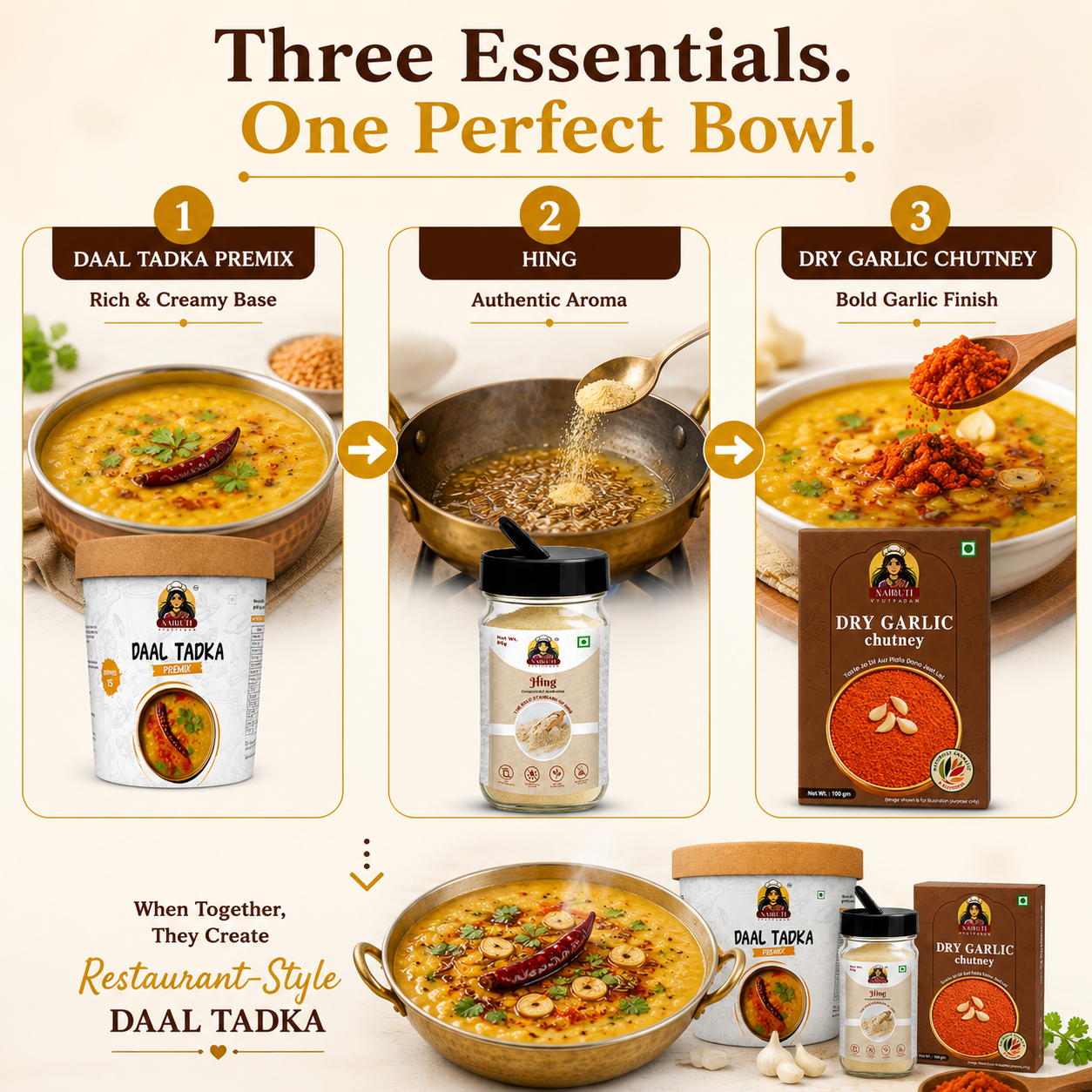Tadka Combo | 10+ Servings | Daal Tadka Premix, Dry Garlic Chutney & Hing Sprinkler | 150g+100g+80g