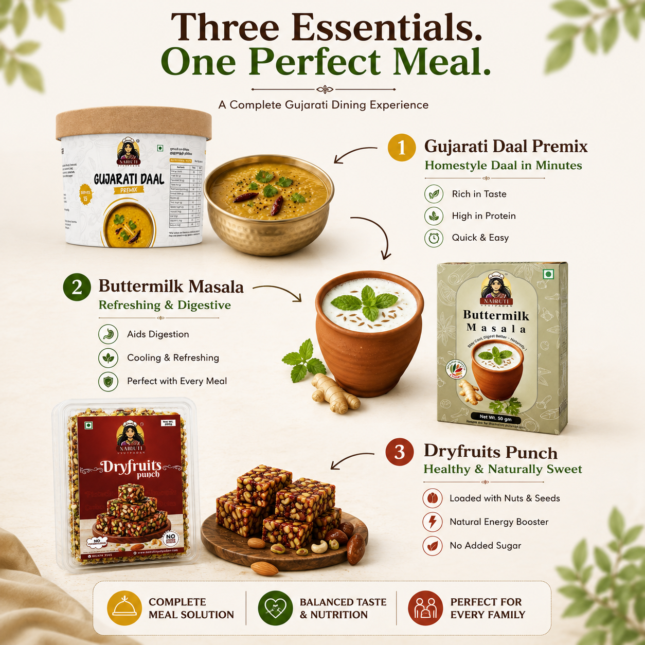 Gujarati Family Combo | Gujarati Daal Premix 150g, Dry Fruits Punch 200g & Buttermilk Masala 50g