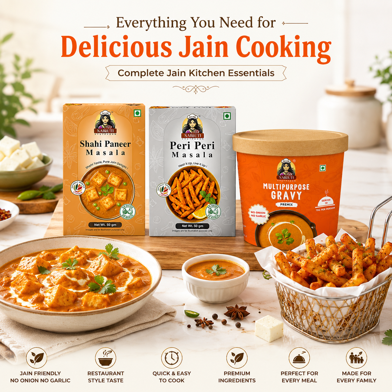 Jain Kitchen Combo | 10+ Servings | Gravy Premix, Shahi Paneer Masala & Peri Peri Masala | No Onion No Garlic