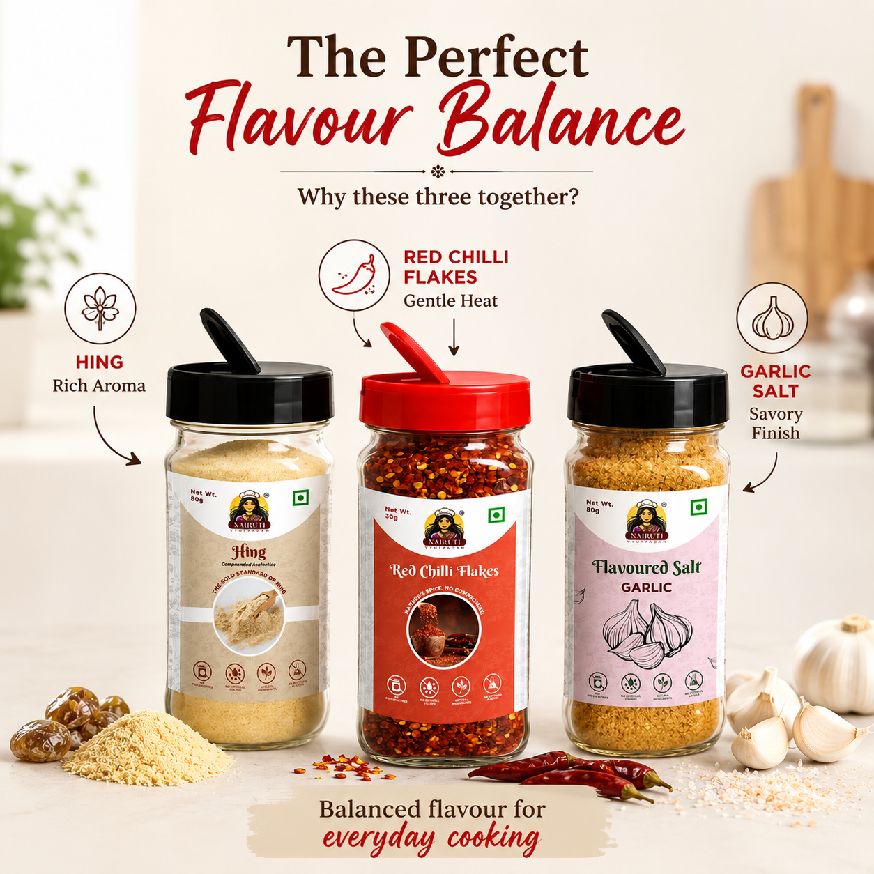 Everyday Taste Booster Combo | Hing 80g, Red Chilli Flakes 30g & Garlic Salt 80g