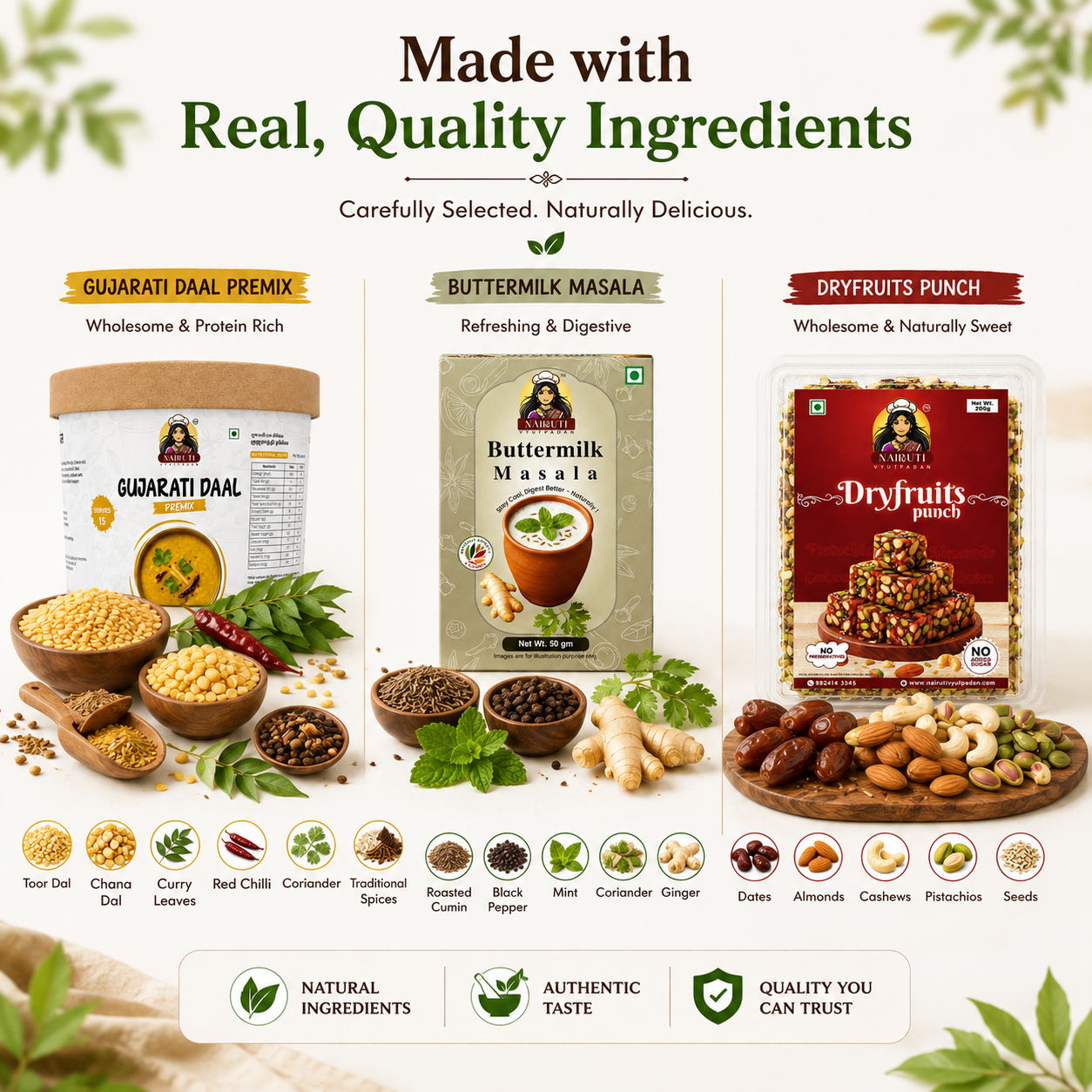 Gujarati Family Combo | Gujarati Daal Premix 150g, Dry Fruits Punch 200g & Buttermilk Masala 50g