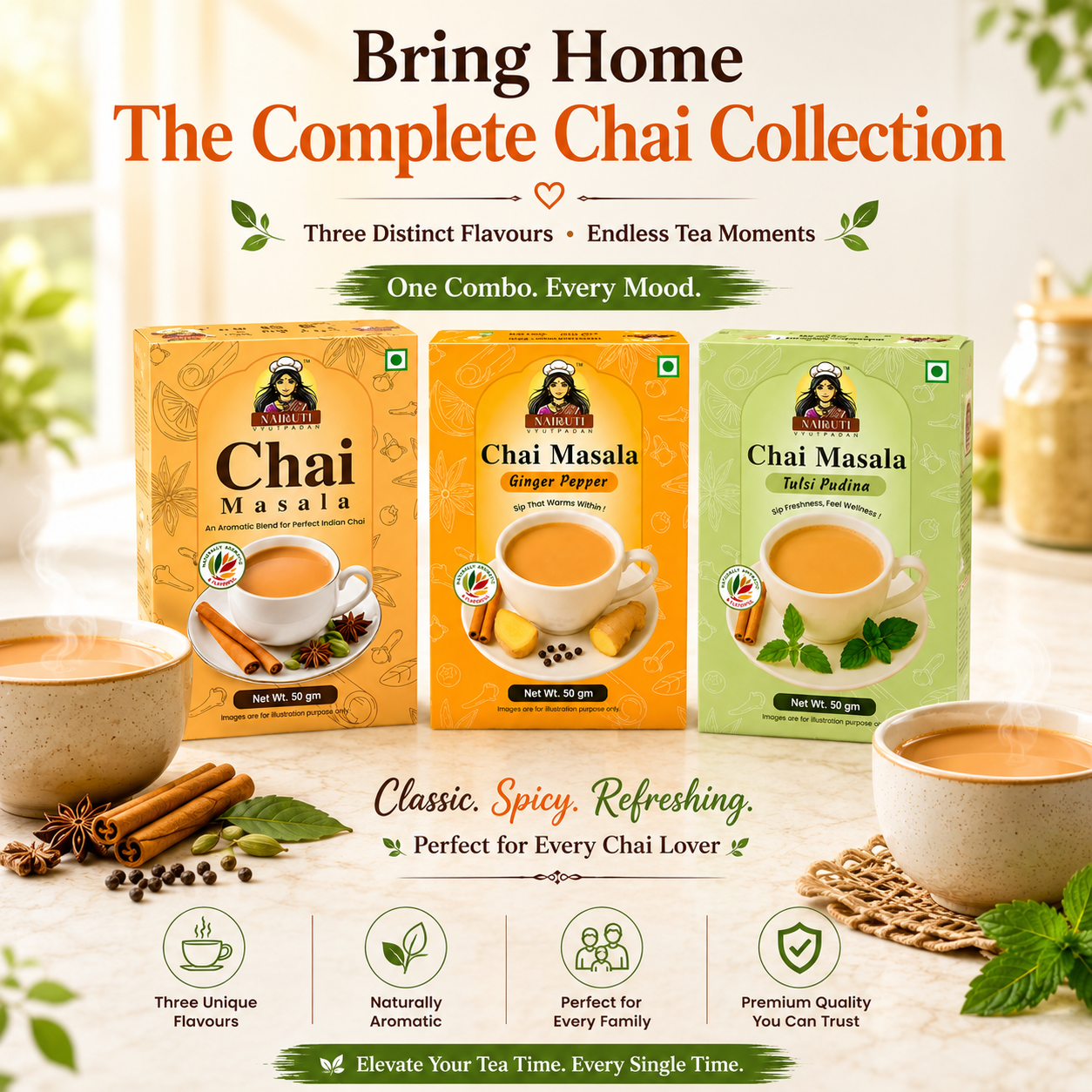 Tea Time Combo | Ginger Elaichi, Ginger Pepper & Tulsi Pudina Chai Masala | 50g each