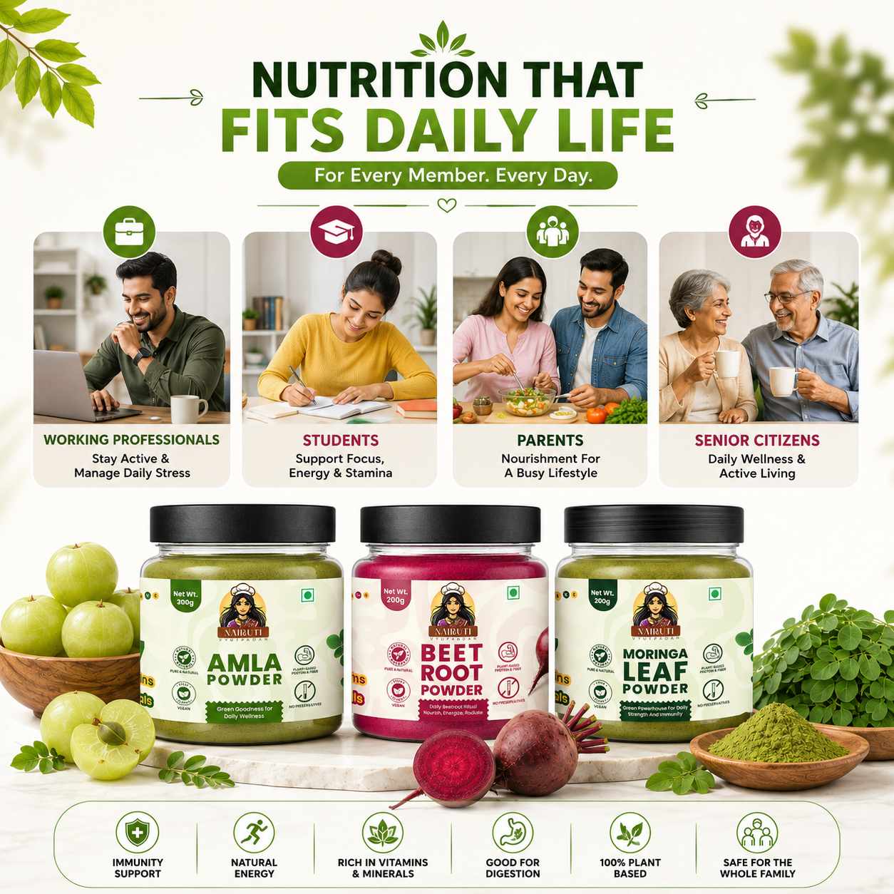 Family Nutrition Combo | Amla, Beetroot & Moringa Leaf Powder | Daily Wellness Superfood Pack | 300g+200g+200g