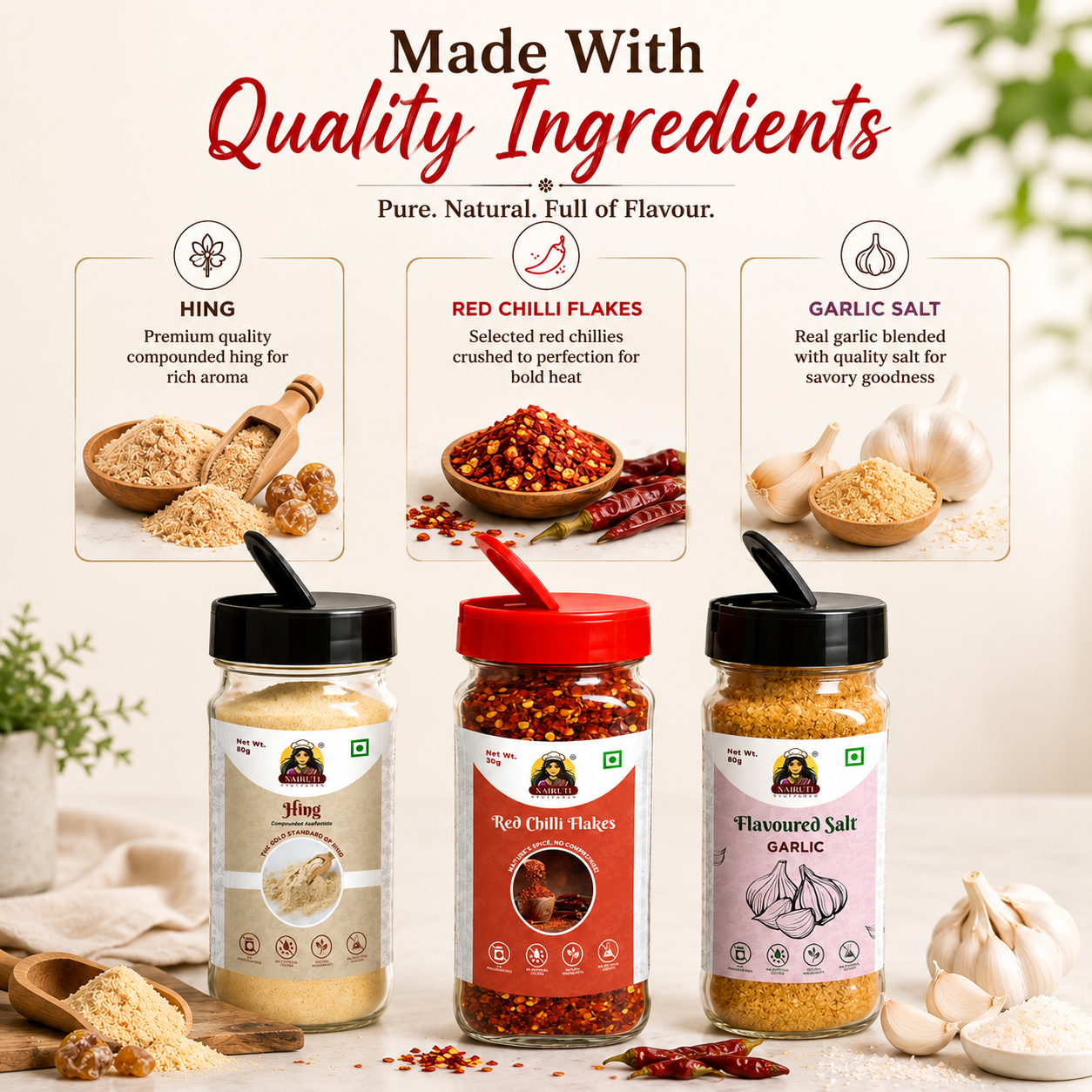 Everyday Taste Booster Combo | Hing 80g, Red Chilli Flakes 30g & Garlic Salt 80g
