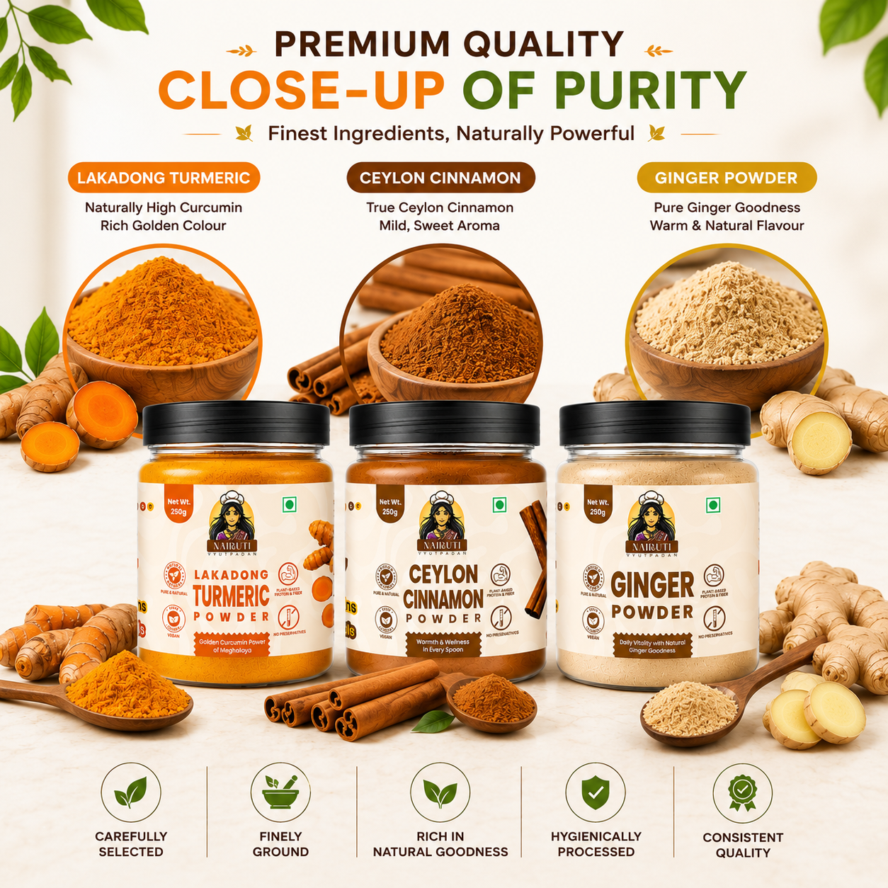 Healthy Spice Combo | Lakadong Turmeric, Cinnamon & Ginger Powder | 250g+250g+200g