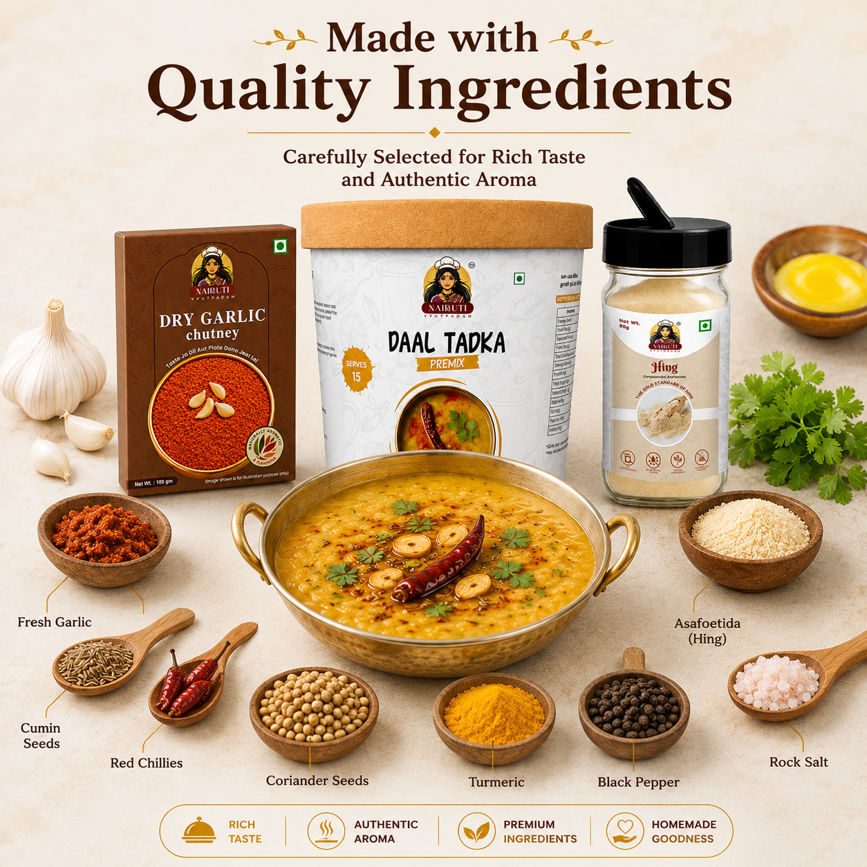 Tadka Combo | 10+ Servings | Daal Tadka Premix, Dry Garlic Chutney & Hing Sprinkler | 150g+100g+80g