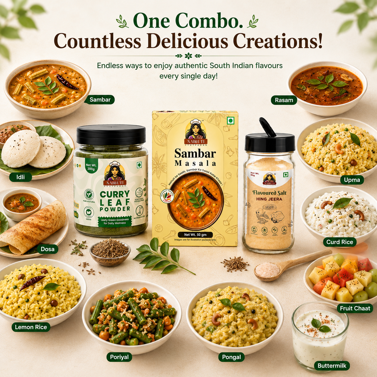 South Indian Combo | Sambar Masala, Curry Leaf Powder & Hing Jeera Salt Sprinkle | 50g+200g+80g