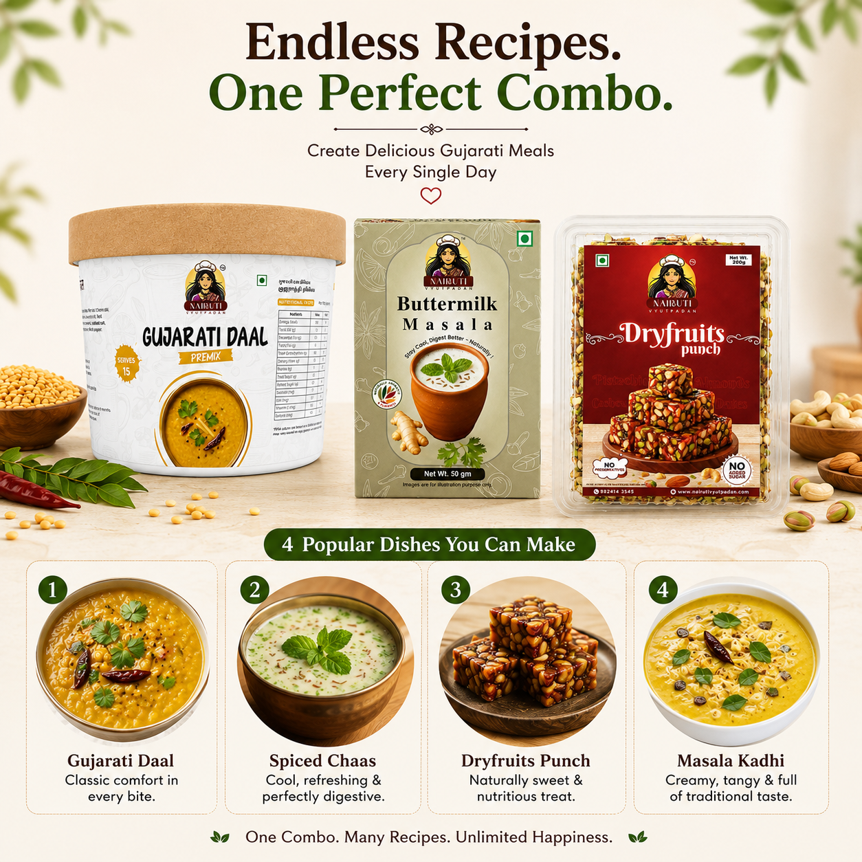 Gujarati Family Combo | Gujarati Daal Premix 150g, Dry Fruits Punch 200g & Buttermilk Masala 50g