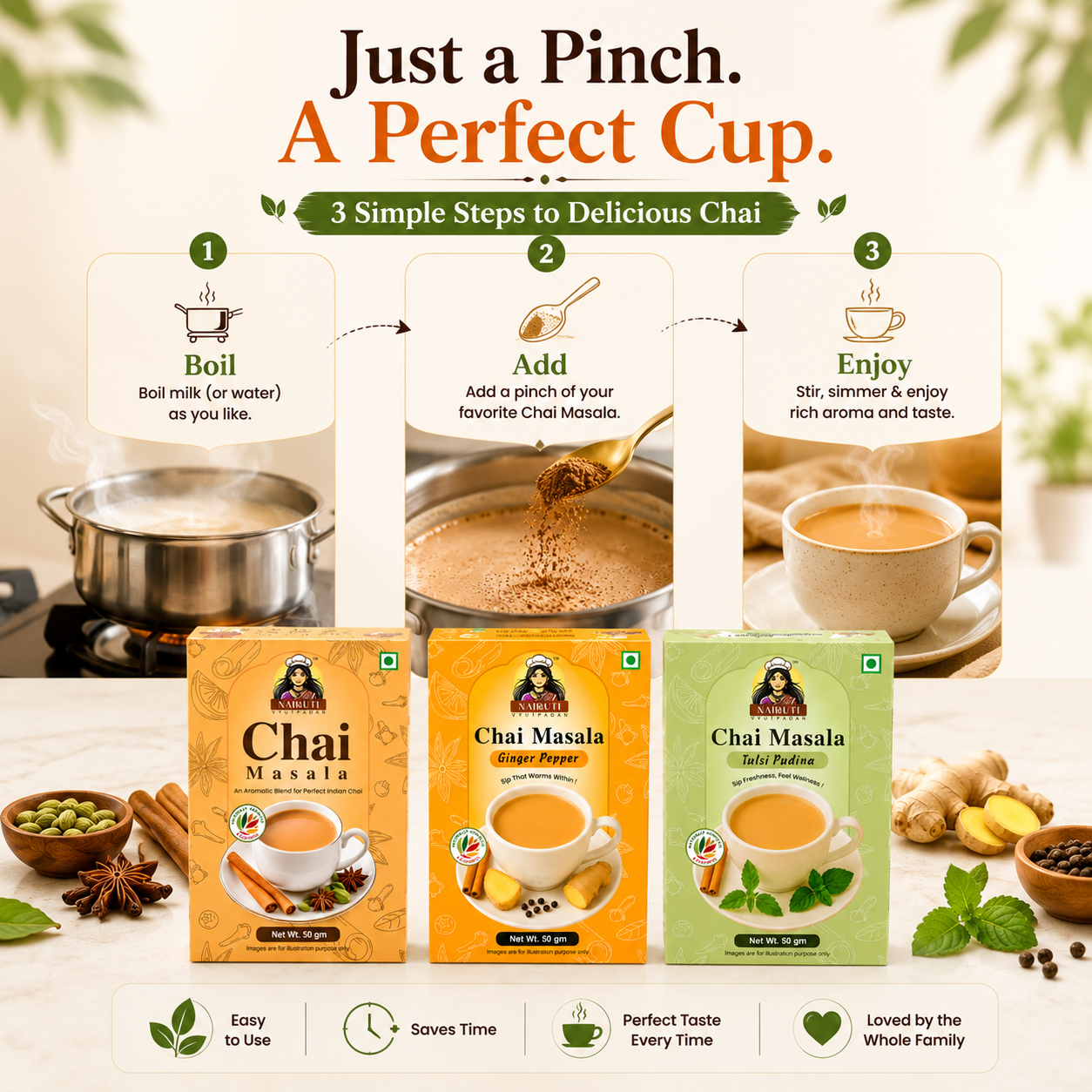 Tea Time Combo | Ginger Elaichi, Ginger Pepper & Tulsi Pudina Chai Masala | 50g each