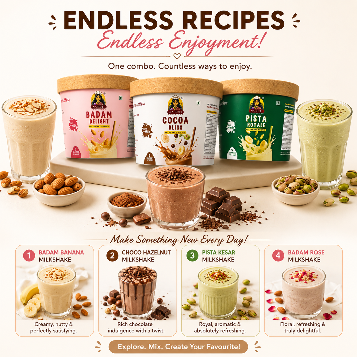 Signature Milkshake Combo | Makes 15 Glasses | Cocoa, Pista & Badam Instant Milkshake Premix