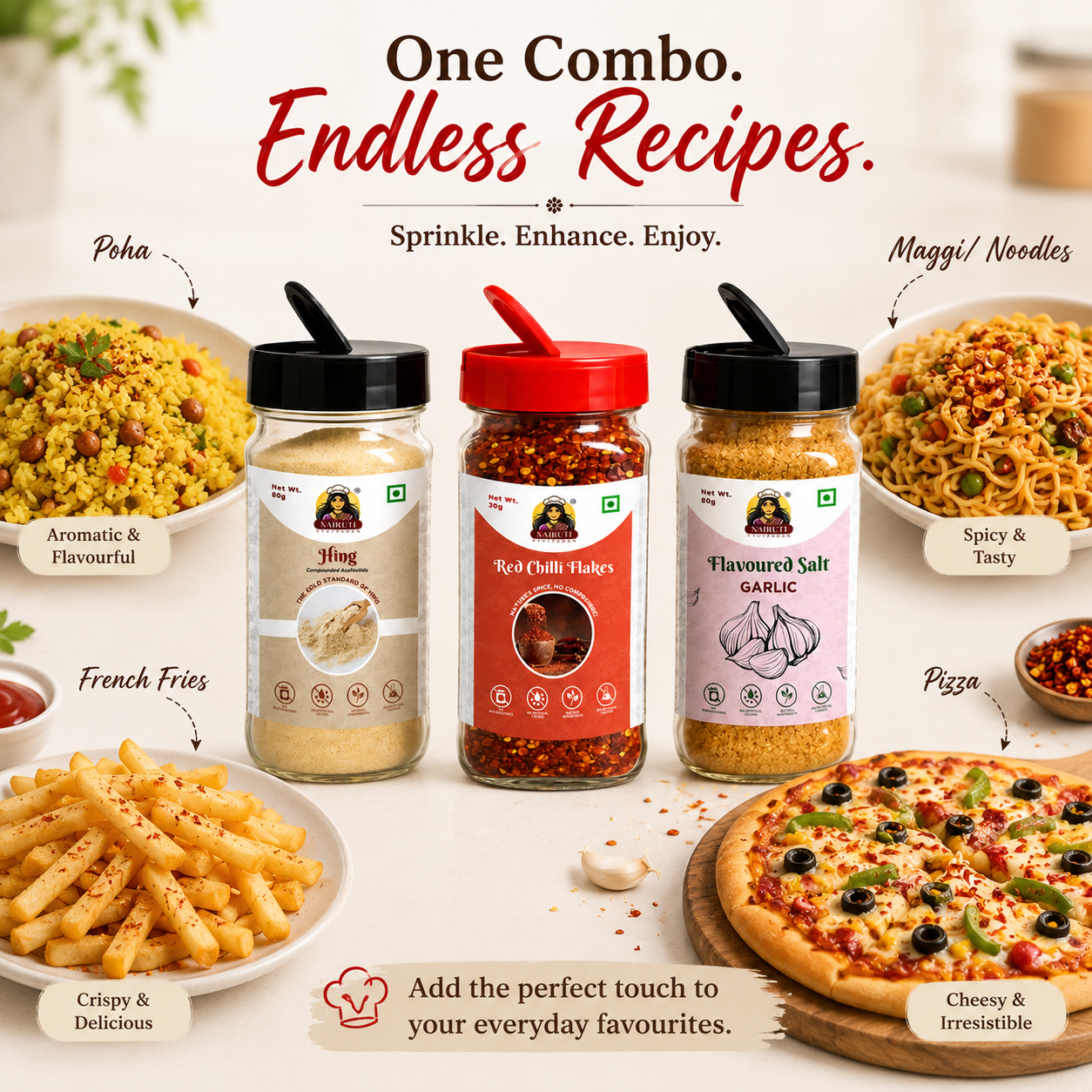 Everyday Taste Booster Combo | Hing 80g, Red Chilli Flakes 30g & Garlic Salt 80g
