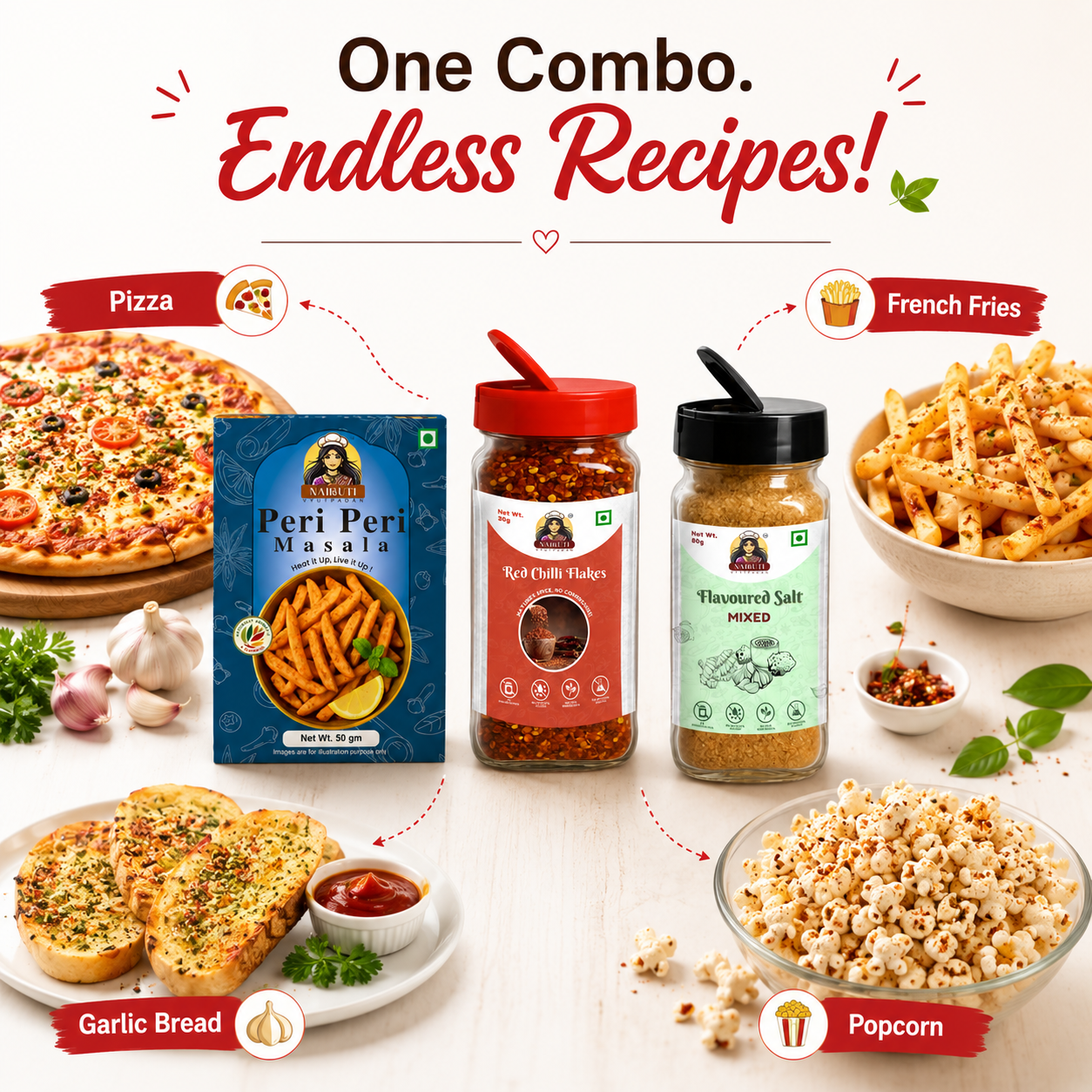 Pizza Night Combo | Mixed Flavour Salt, Peri Peri Masala & Red Chilli Flakes Sprinkle | 80g+50g+30g