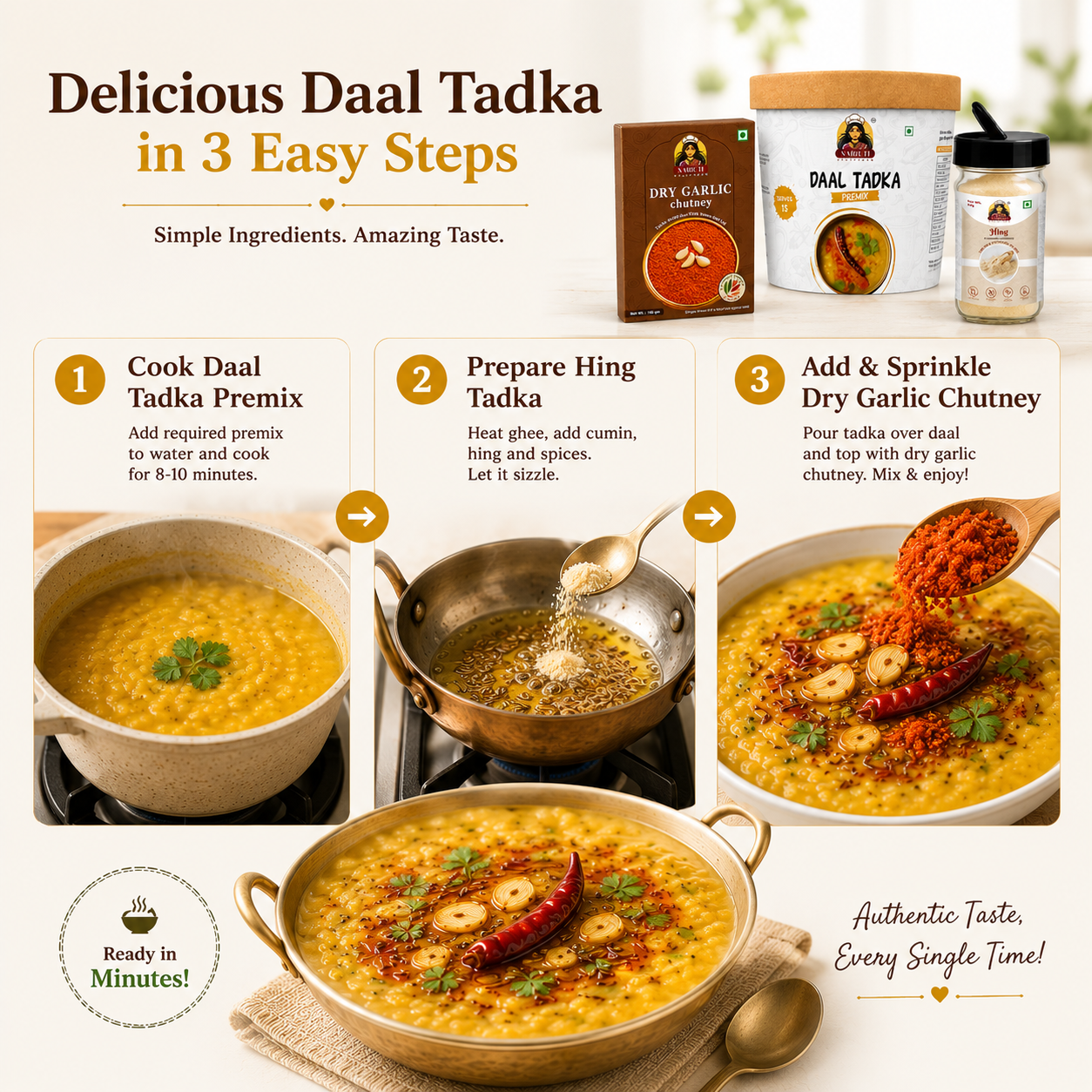 Tadka Combo | 10+ Servings | Daal Tadka Premix, Dry Garlic Chutney & Hing Sprinkler | 150g+100g+80g