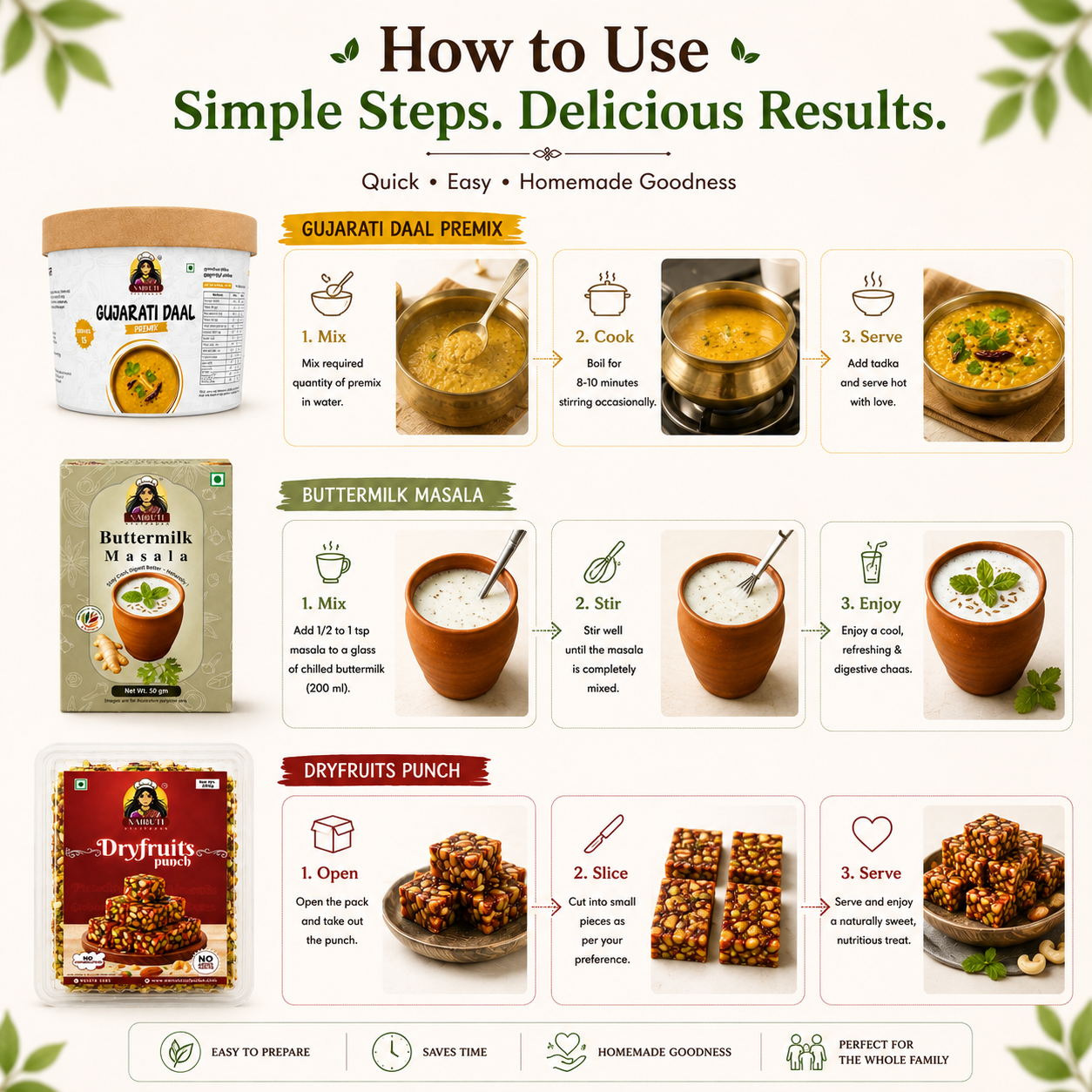 Gujarati Family Combo | Gujarati Daal Premix 150g, Dry Fruits Punch 200g & Buttermilk Masala 50g