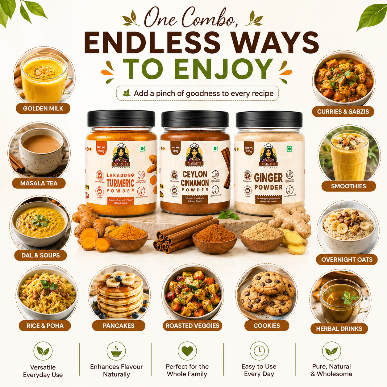 Healthy Spice Combo | Lakadong Turmeric, Cinnamon & Ginger Powder | 250g+250g+200g