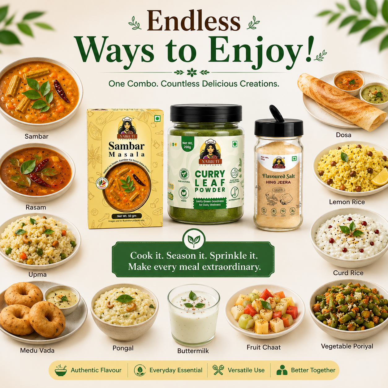 South Indian Combo | Sambar Masala, Curry Leaf Powder & Hing Jeera Salt Sprinkle | 50g+200g+80g