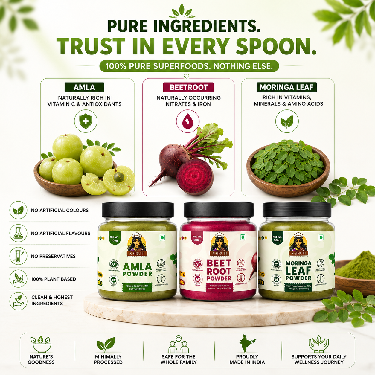 Family Nutrition Combo | Amla, Beetroot & Moringa Leaf Powder | Daily Wellness Superfood Pack | 300g+200g+200g