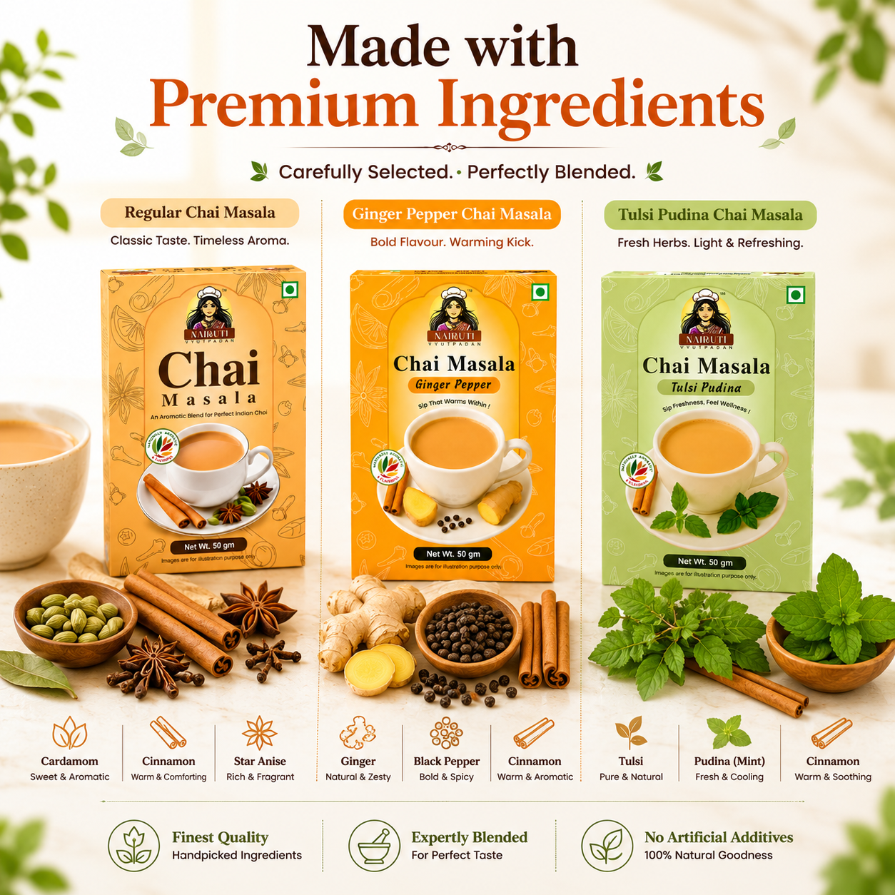Tea Time Combo | Ginger Elaichi, Ginger Pepper & Tulsi Pudina Chai Masala | 50g each