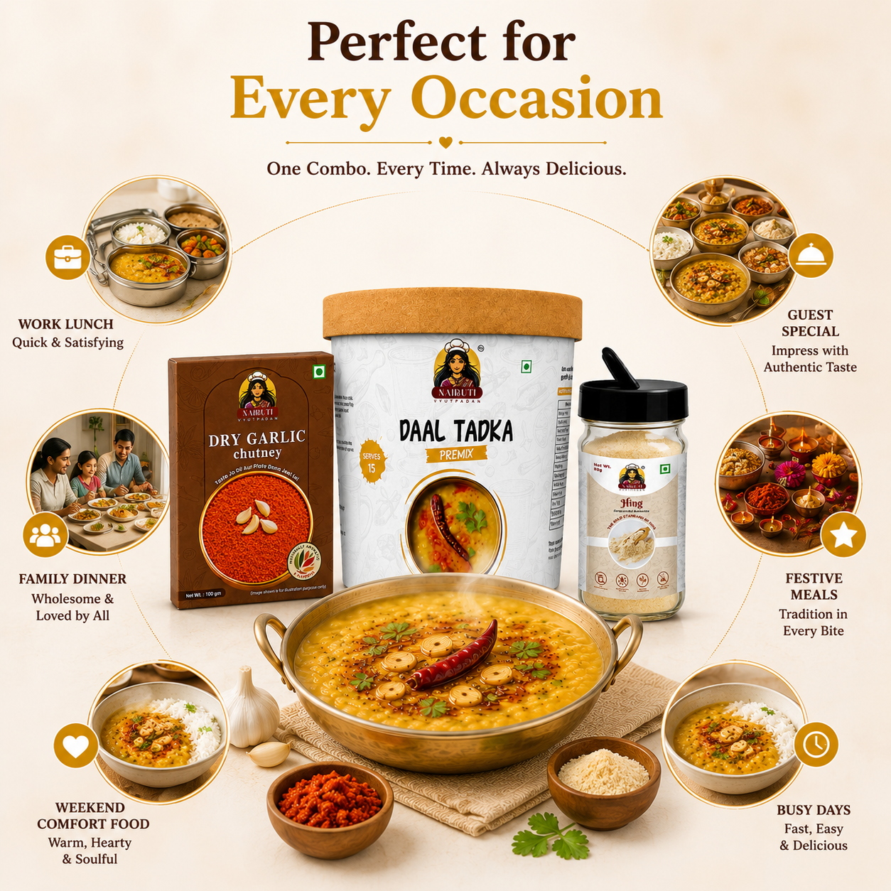 Tadka Combo | 10+ Servings | Daal Tadka Premix, Dry Garlic Chutney & Hing Sprinkler | 150g+100g+80g