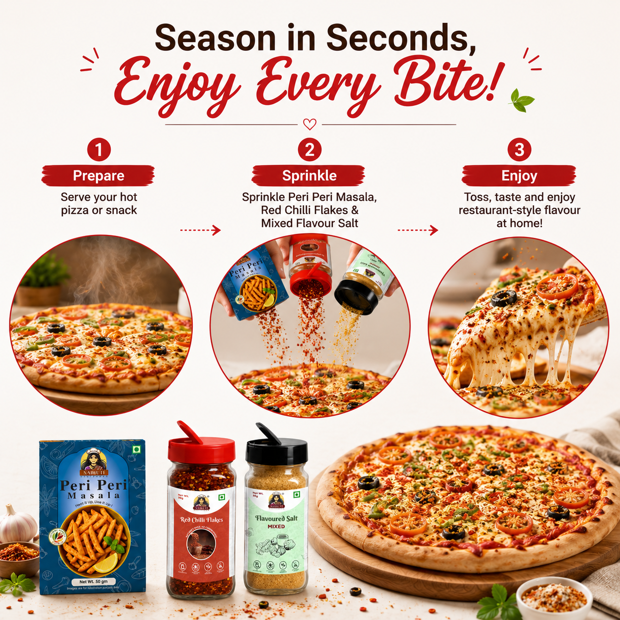 Pizza Night Combo | Mixed Flavour Salt, Peri Peri Masala & Red Chilli Flakes Sprinkle | 80g+50g+30g