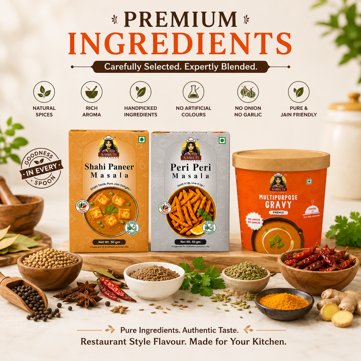Jain Kitchen Combo | 10+ Servings | Gravy Premix, Shahi Paneer Masala & Peri Peri Masala | No Onion No Garlic