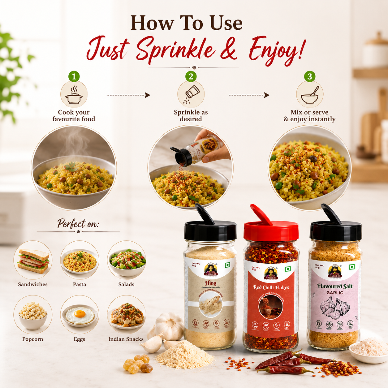 Everyday Taste Booster Combo | Hing 80g, Red Chilli Flakes 30g & Garlic Salt 80g