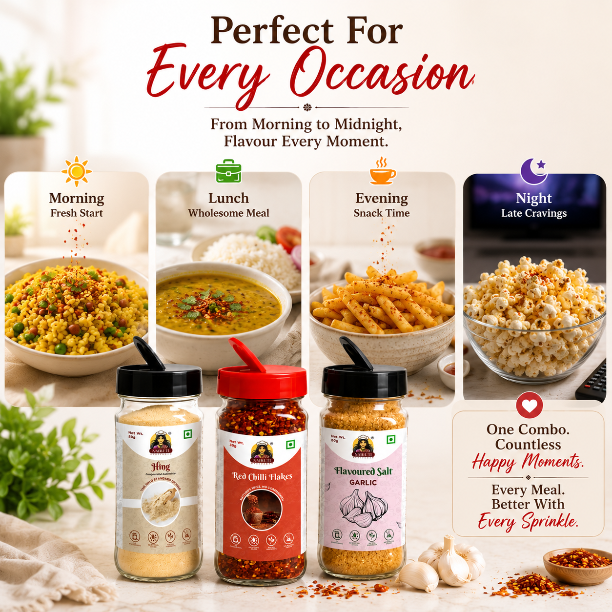 Everyday Taste Booster Combo | Hing 80g, Red Chilli Flakes 30g & Garlic Salt 80g