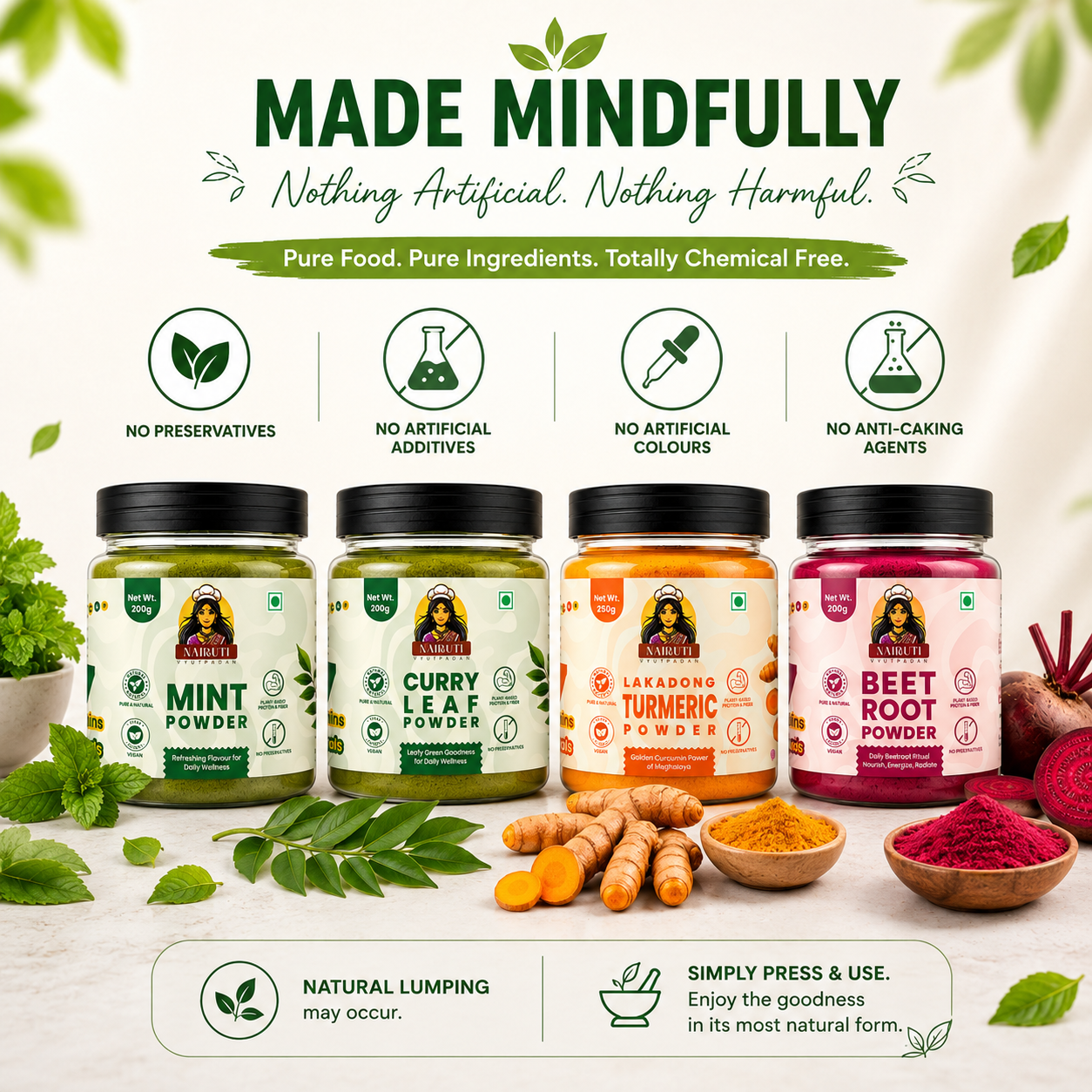 Complete Wellness Combo | Lakadong Turmeric, Beetroot, Curry Leaf & Mint Powders | 250g+200g+200g+200g