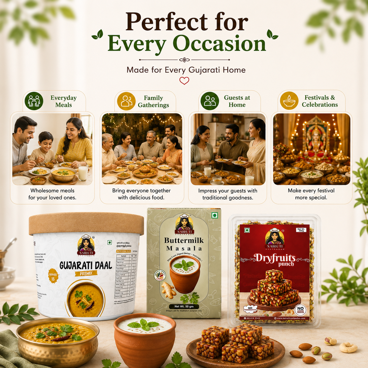 Gujarati Family Combo | Gujarati Daal Premix 150g, Dry Fruits Punch 200g & Buttermilk Masala 50g