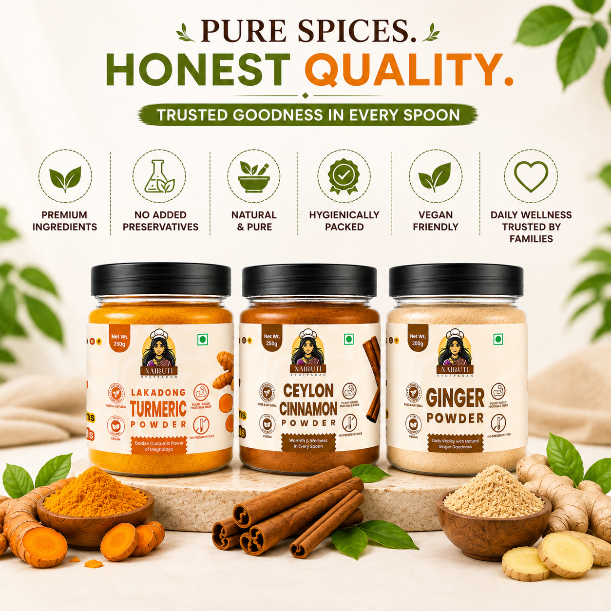 Healthy Spice Combo | Lakadong Turmeric, Cinnamon & Ginger Powder | 250g+250g+200g