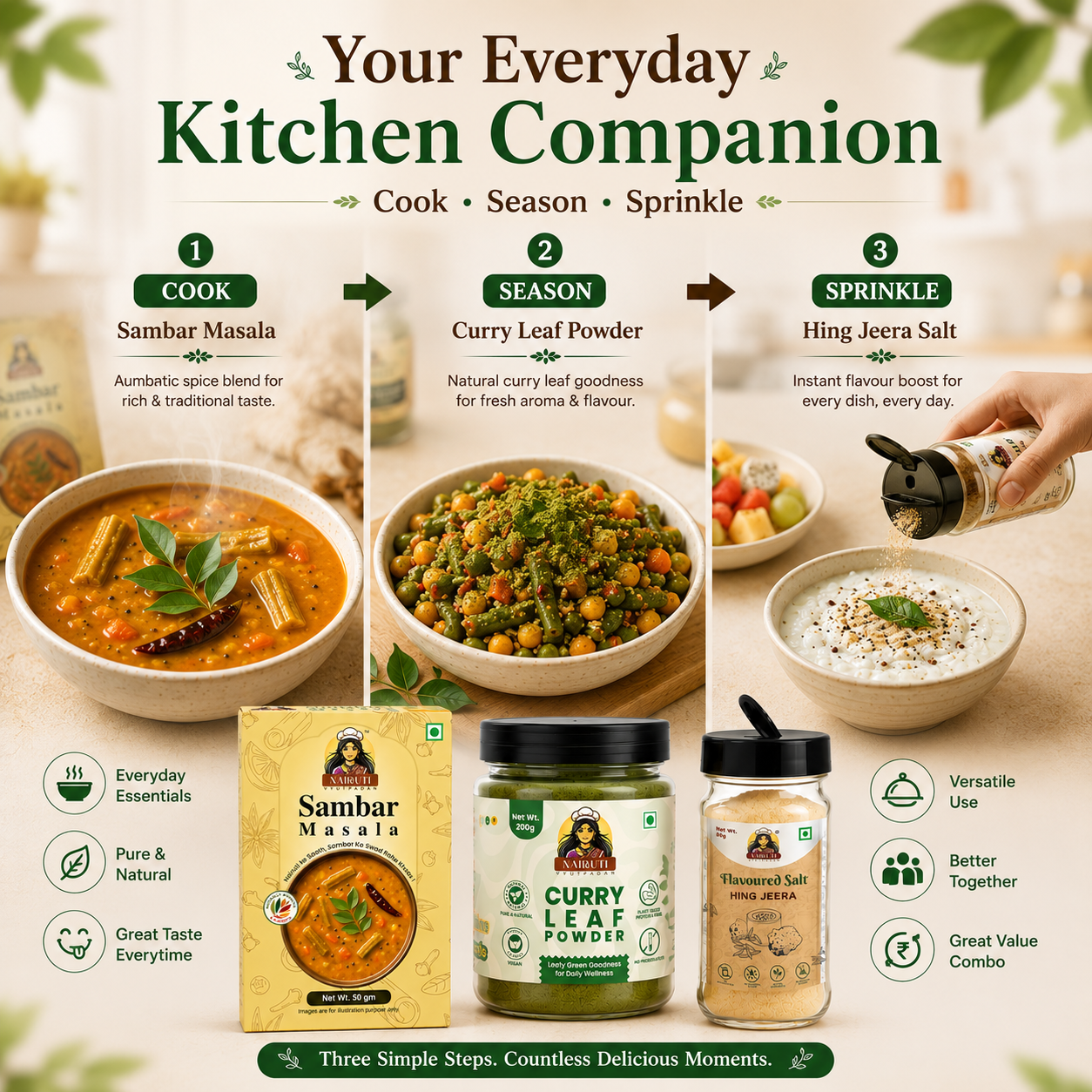 South Indian Combo | Sambar Masala, Curry Leaf Powder & Hing Jeera Salt Sprinkle | 50g+200g+80g