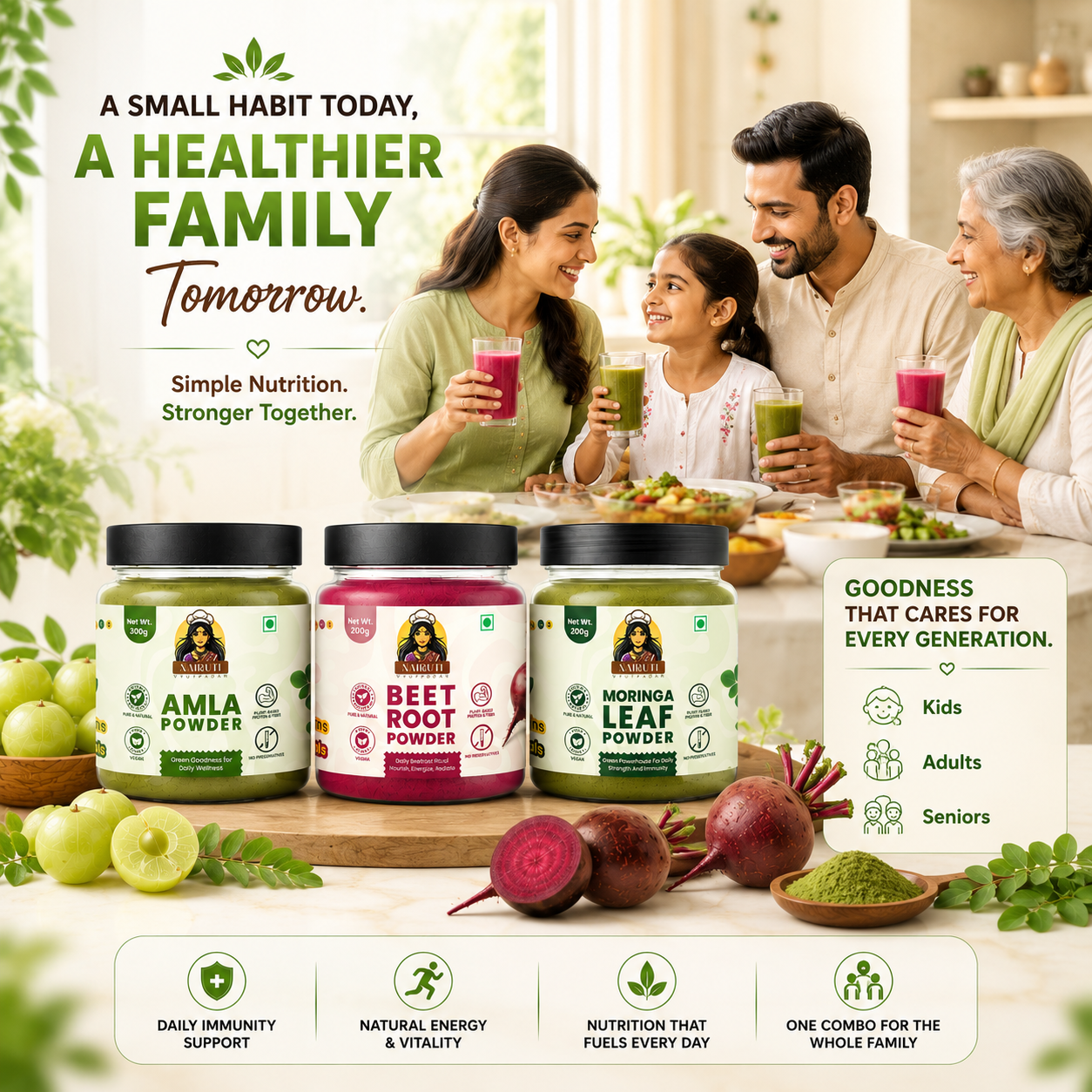 Family Nutrition Combo | Amla, Beetroot & Moringa Leaf Powder | Daily Wellness Superfood Pack | 300g+200g+200g